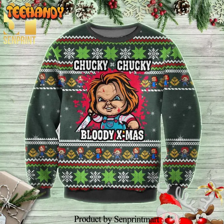 chucky childs play bloody horror xmas knitted ugly xmas sweater 144bz