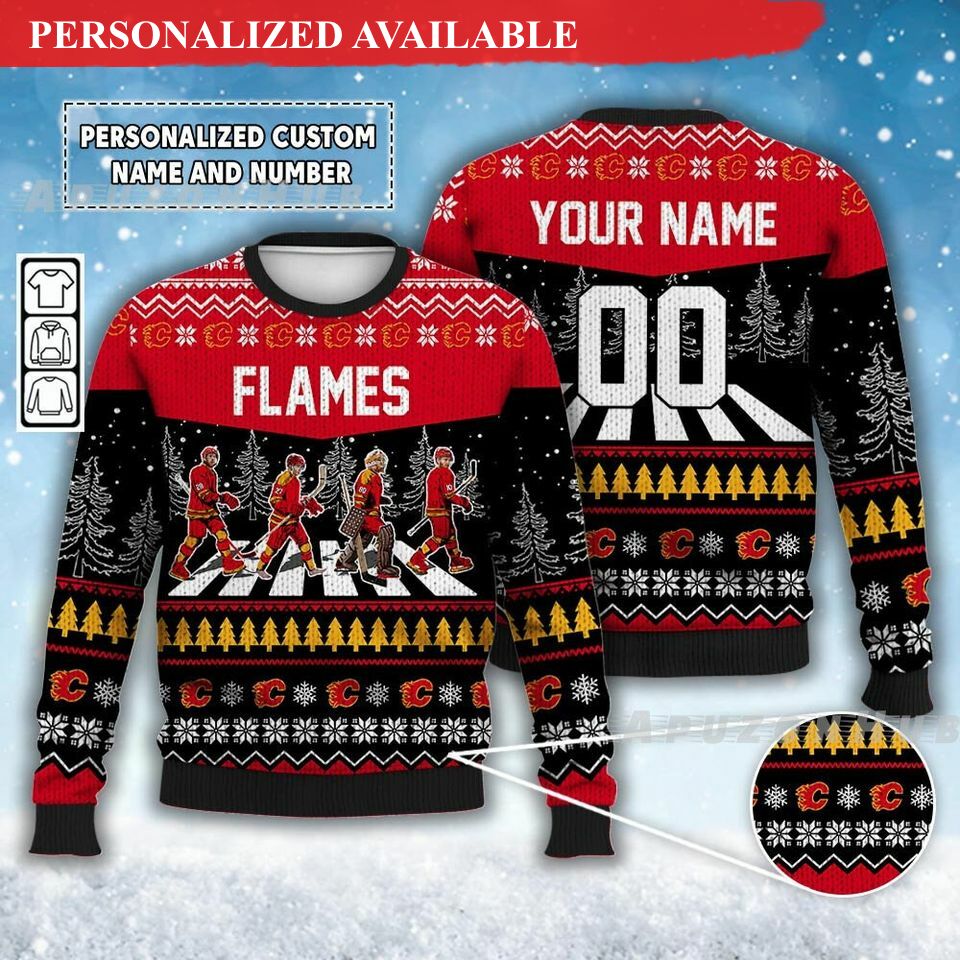 custom flames walking abbey road ugly christmas sweater ice hockey 2626
