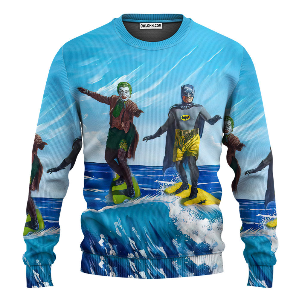 dc batman and joker surfing sweater ugly christmas sweaters owl ohh lw9py