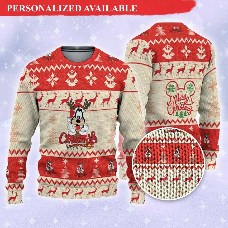 disney christmas goofy xmas pine trees reindeer red ugly sweater 5892