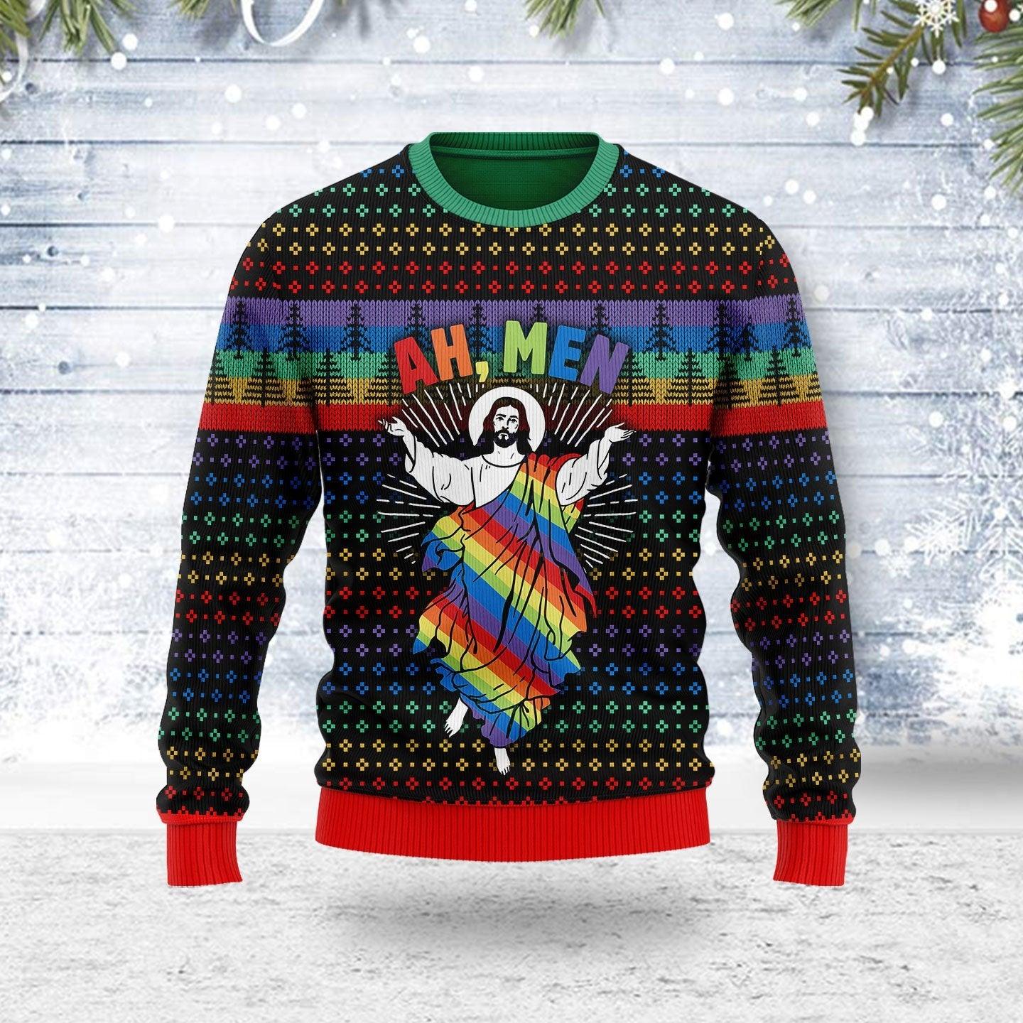 jesus ah men lgbtq ugly christmas sweater gearhomie com