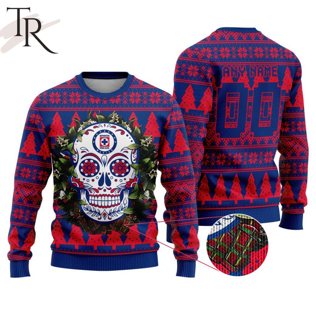 liga mx cruz azul special sugar skull christmas ugly sweater 1 3xBLl