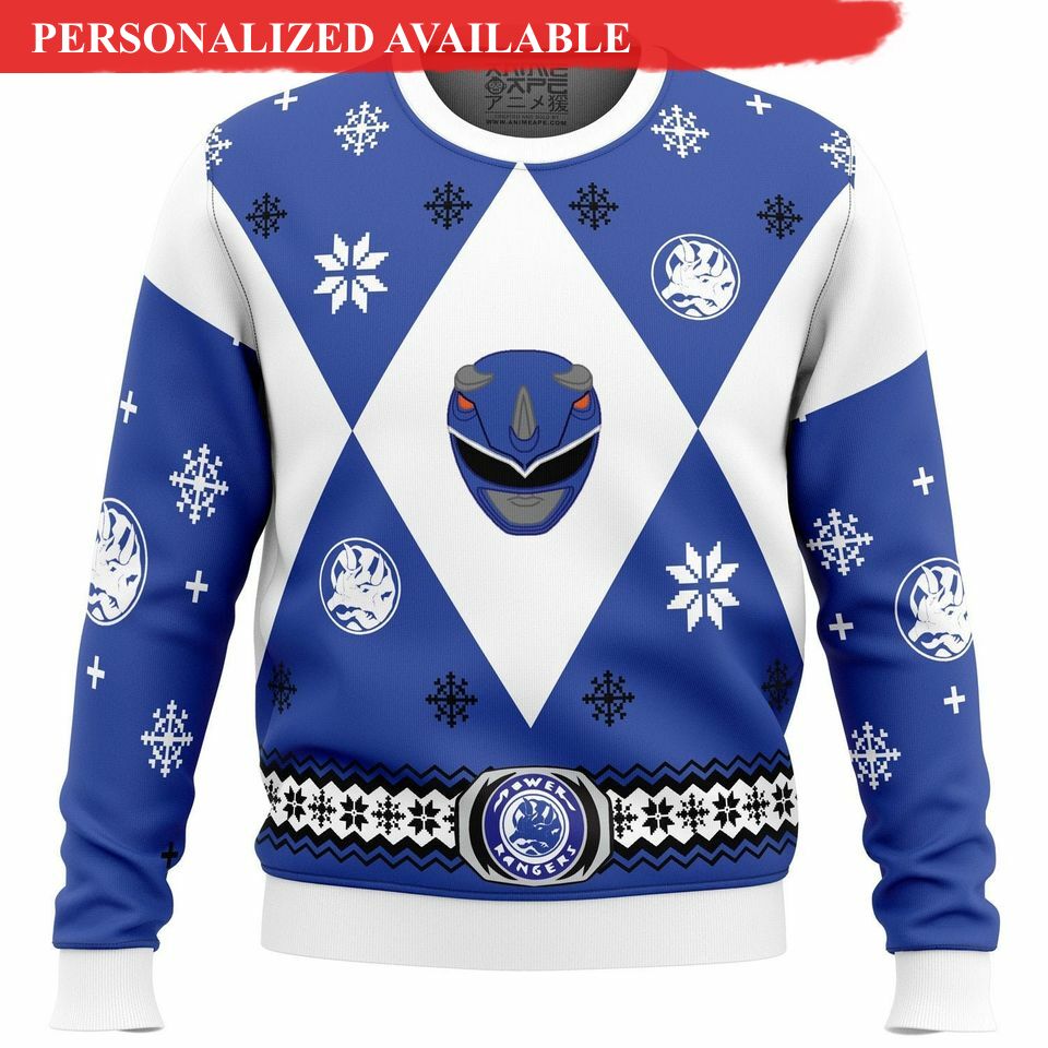 mighty morphin power ranger blue ugly christmas sweater 8036