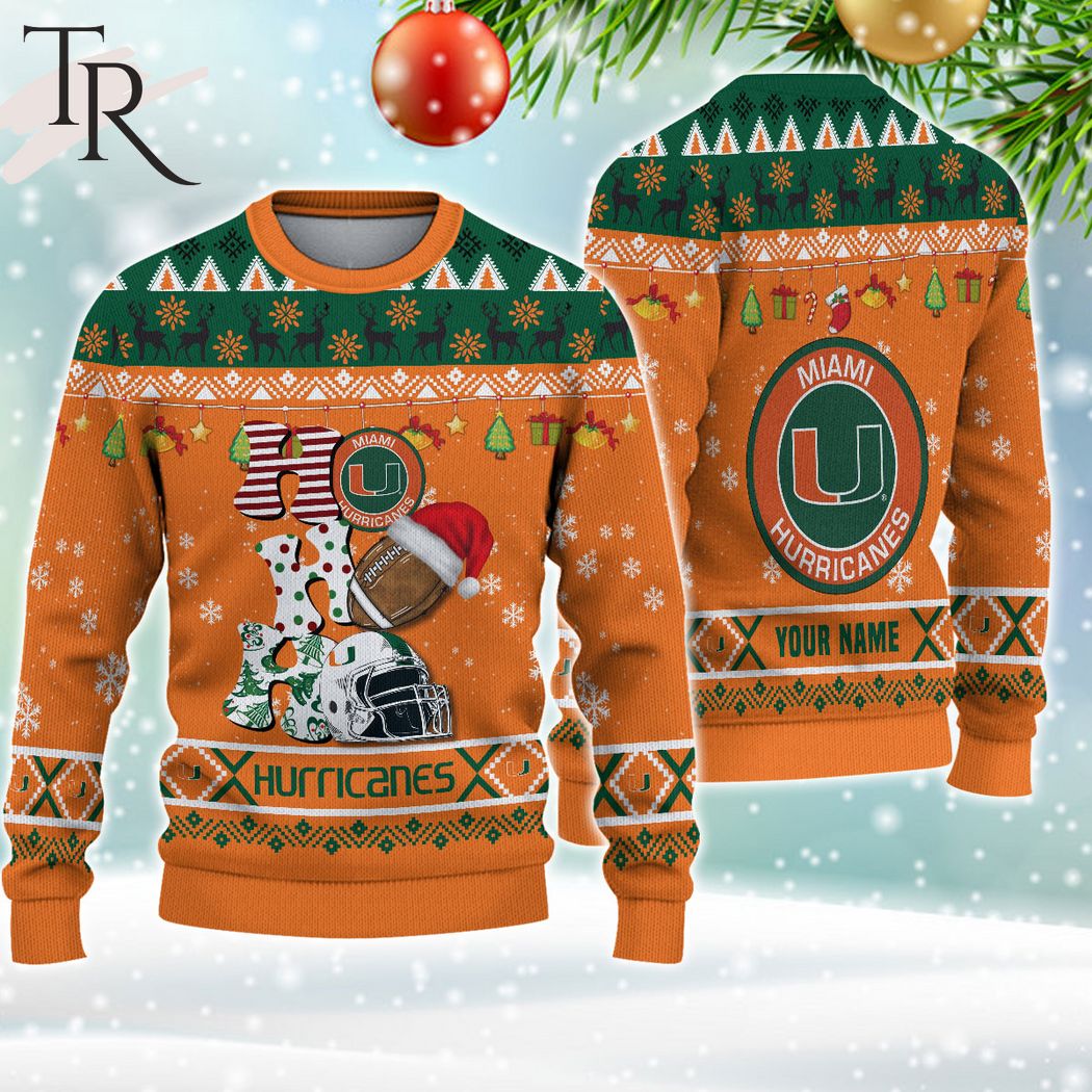 ncaa miami hurricanes ho ho ho ugly christmas sweater 1 rXILU