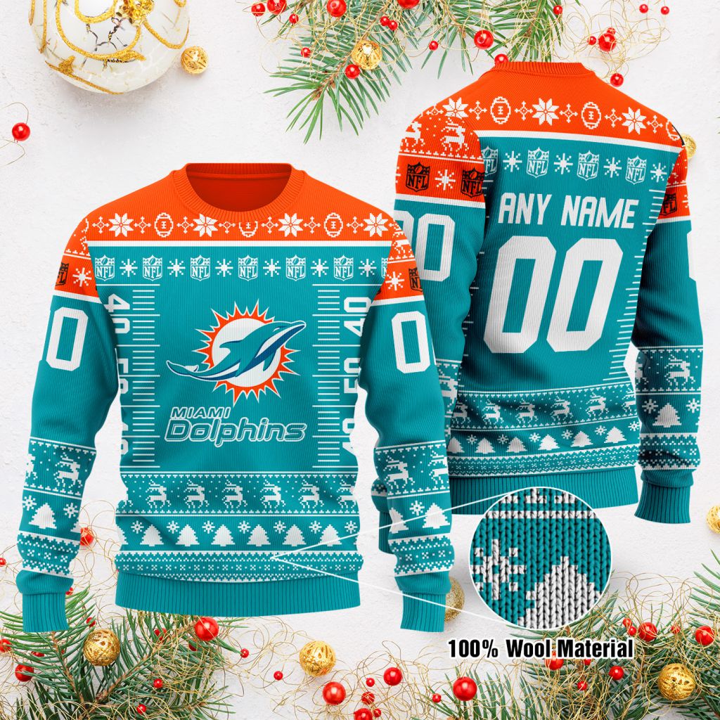 nfl miami dolphins sweater ugly christmas custom name number91094