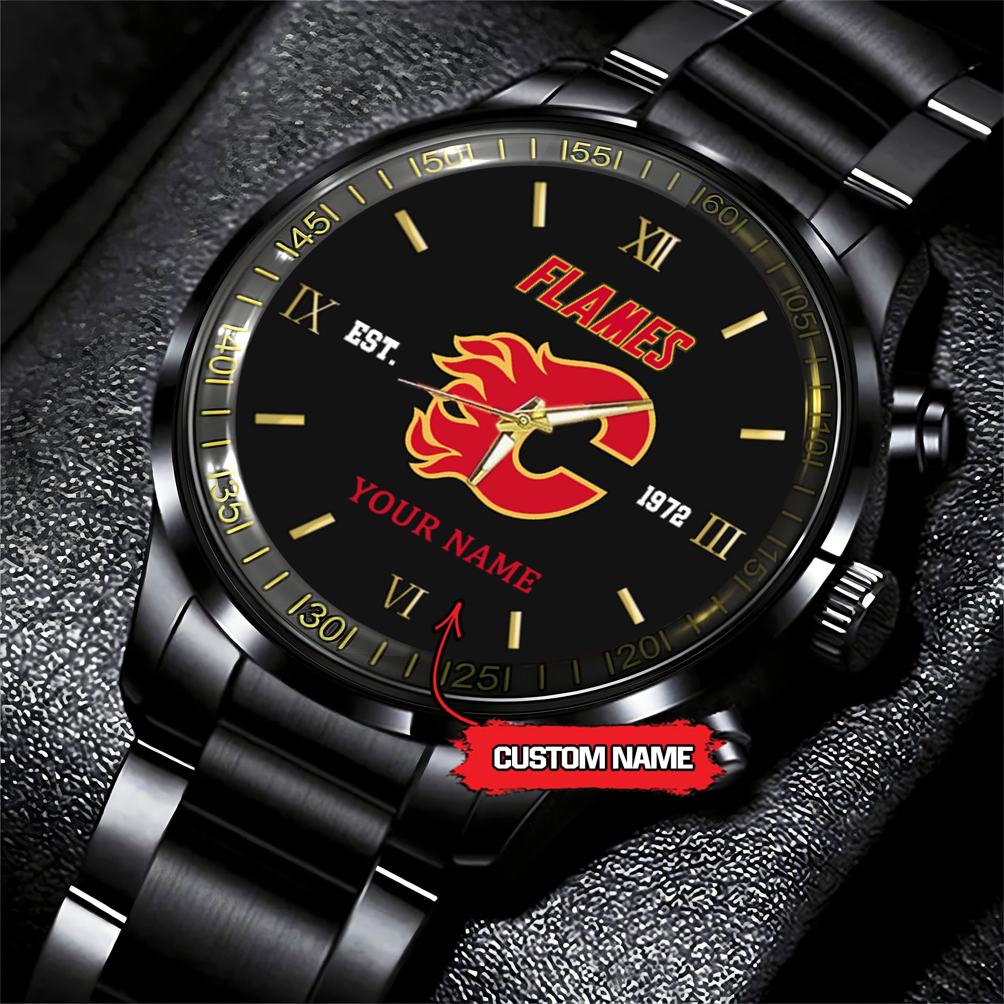 calgary flames nhl hockey game time custom black fashion watch wzjpa
