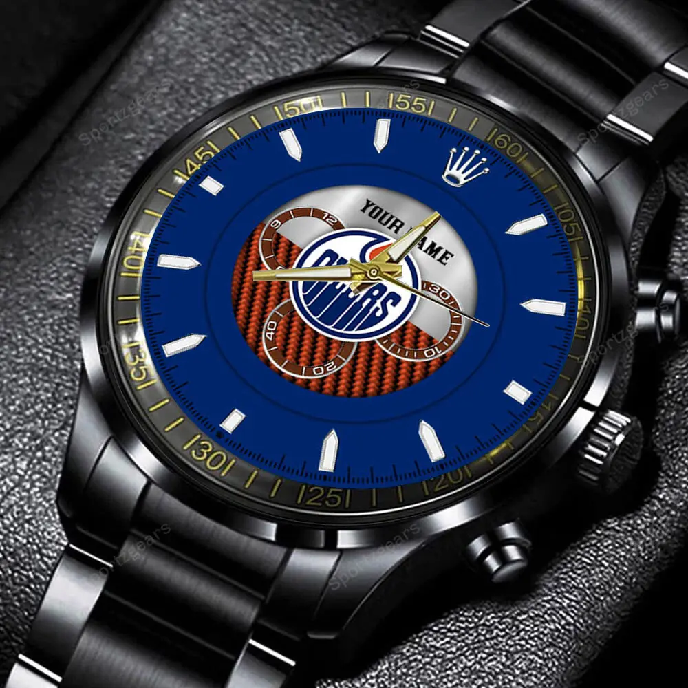 edmonton oilers nhl black stainless steel hand watch custom name qr2pc