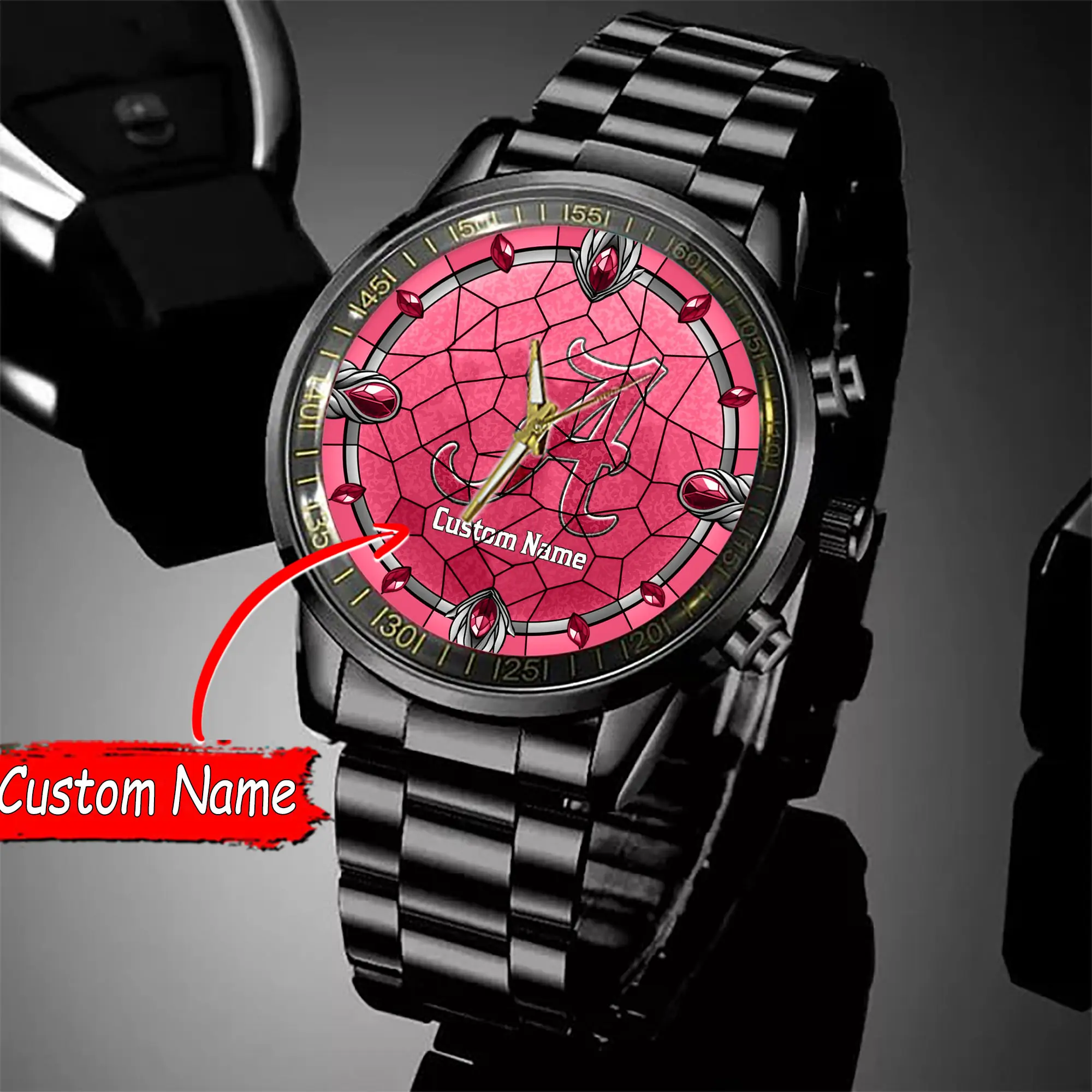 jwfancy alabama crimson tide ncaa personalized black stainless steel watch gift for fan farnv
