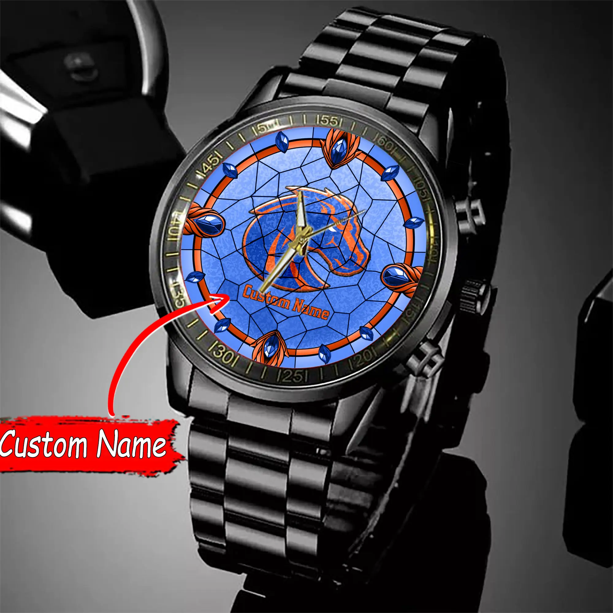 jwfancy boise state broncos ncaa personalized black stainless steel watch gift for fan pnt46