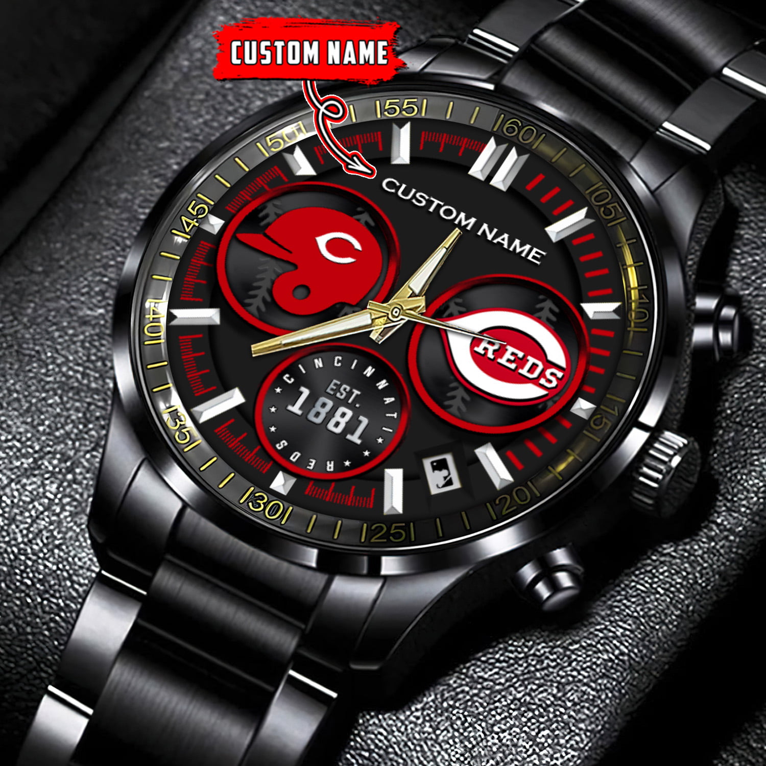 jwfancy cincinnati reds mlb personalized black stainless steel watch for fan jqvpo