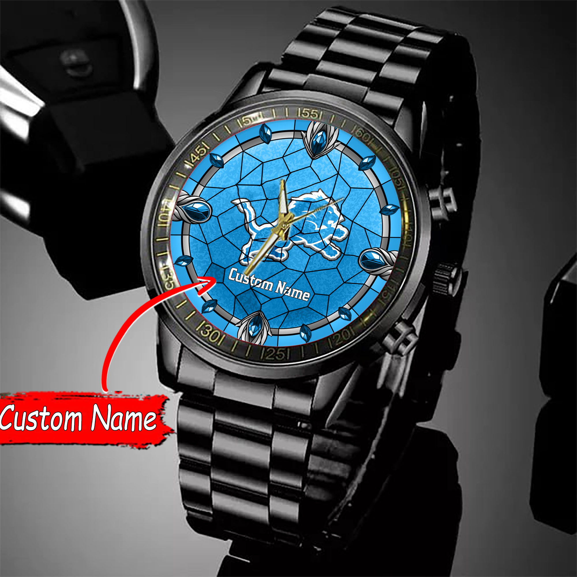 jwfancy detroit lions nfl personalized black stainless steel watch gift for fan g9byy