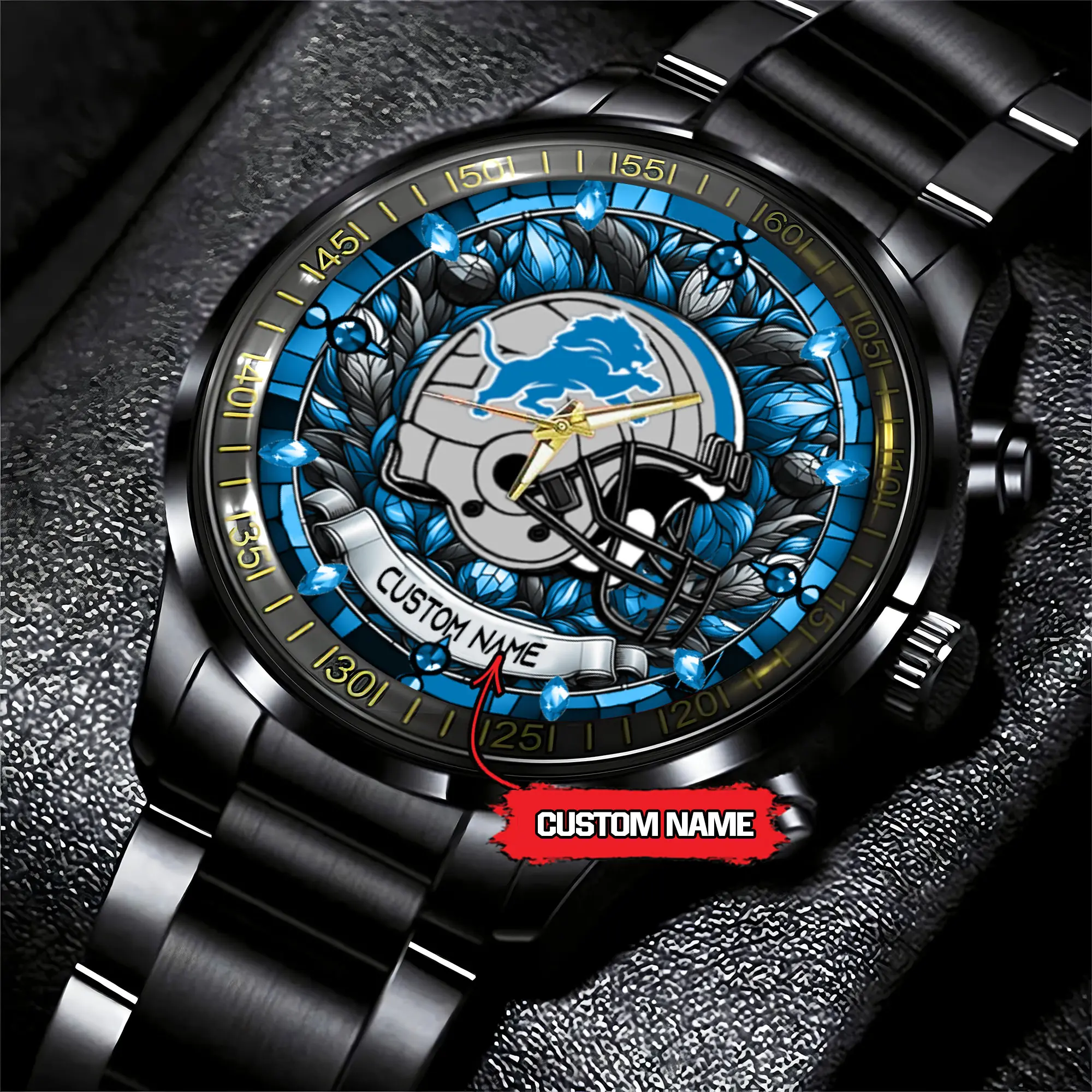 jwfancy detroit lions nfl personalized stained glass black stainless steel watch 0qgjc
