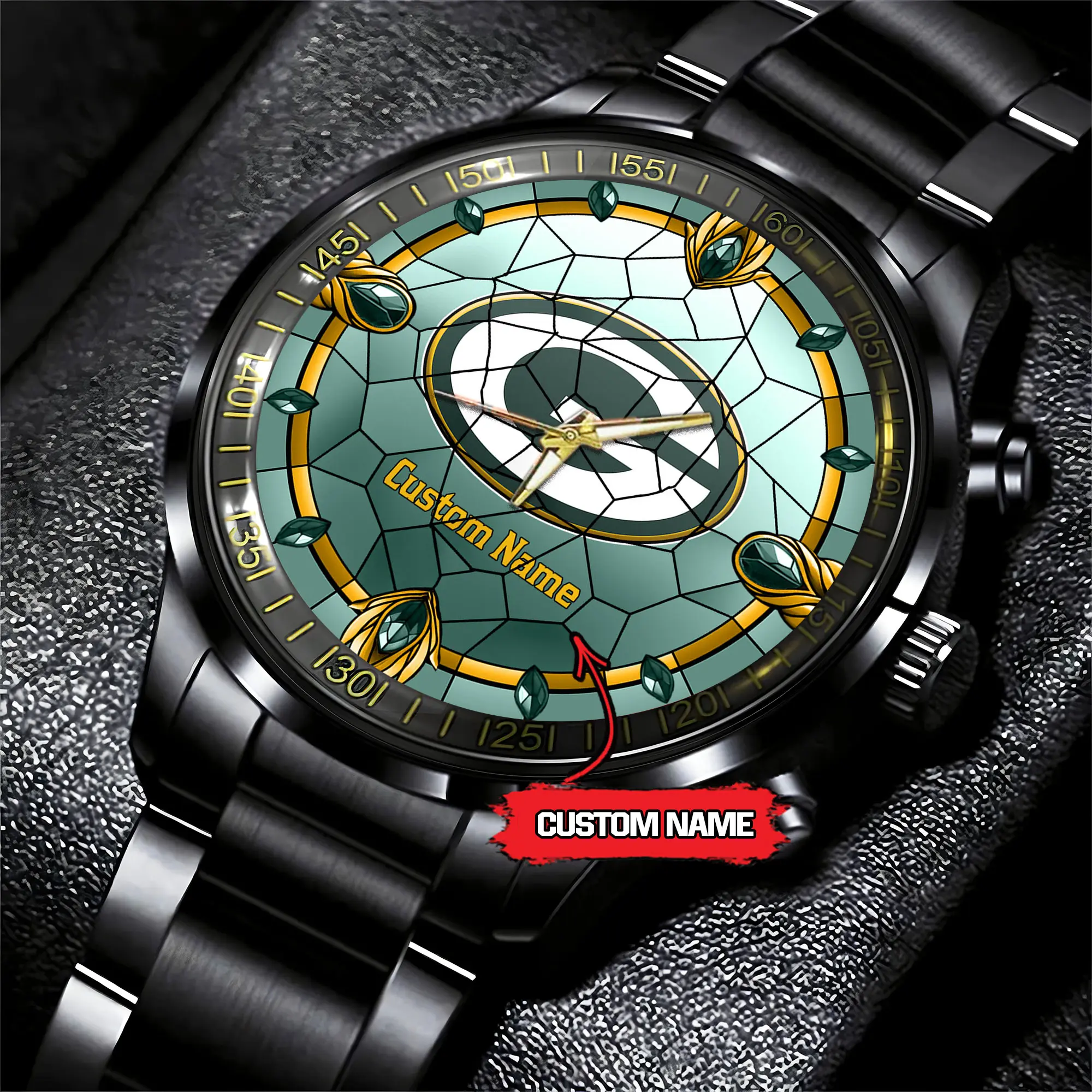 jwfancy green bay packers nfl personalized black stainless steel watch gift for fan cc7wc