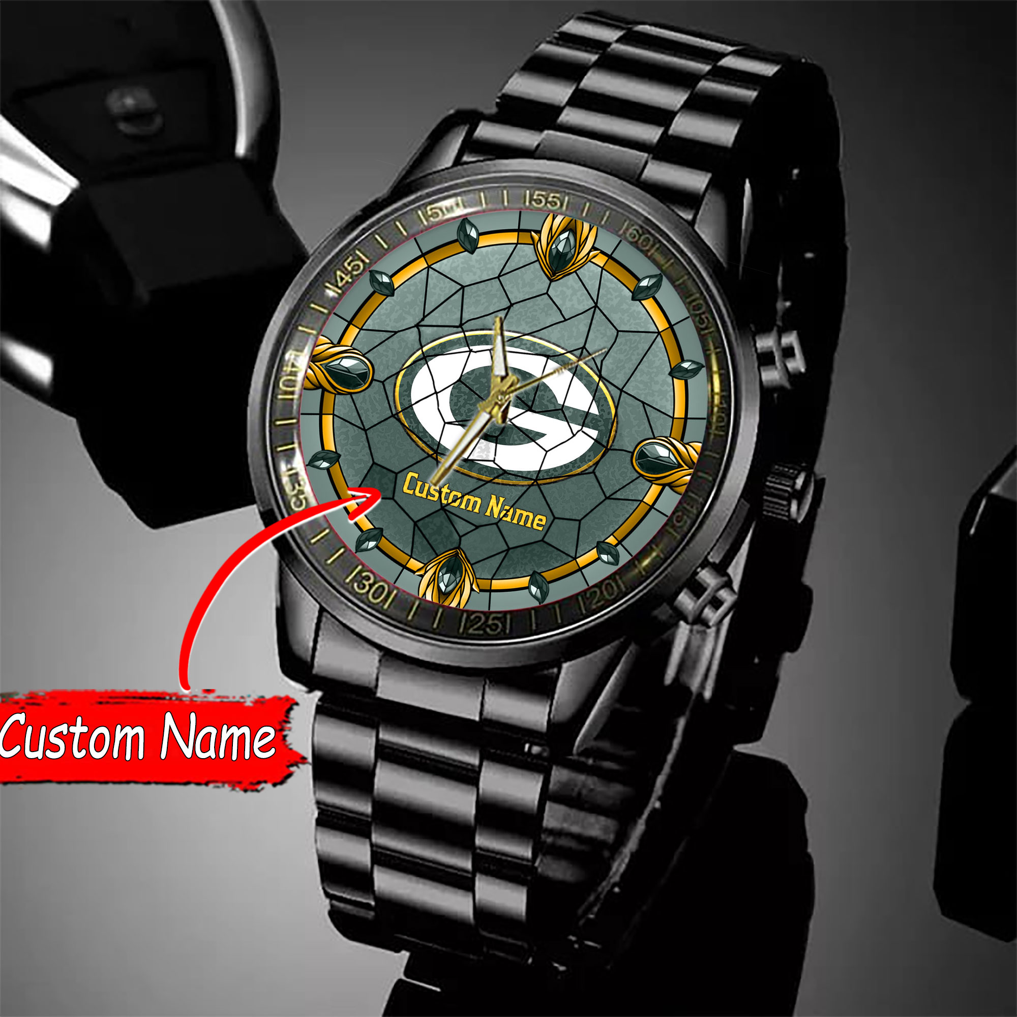 jwfancy green bay packers nfl personalized black stainless steel watch gift for fan kk9id