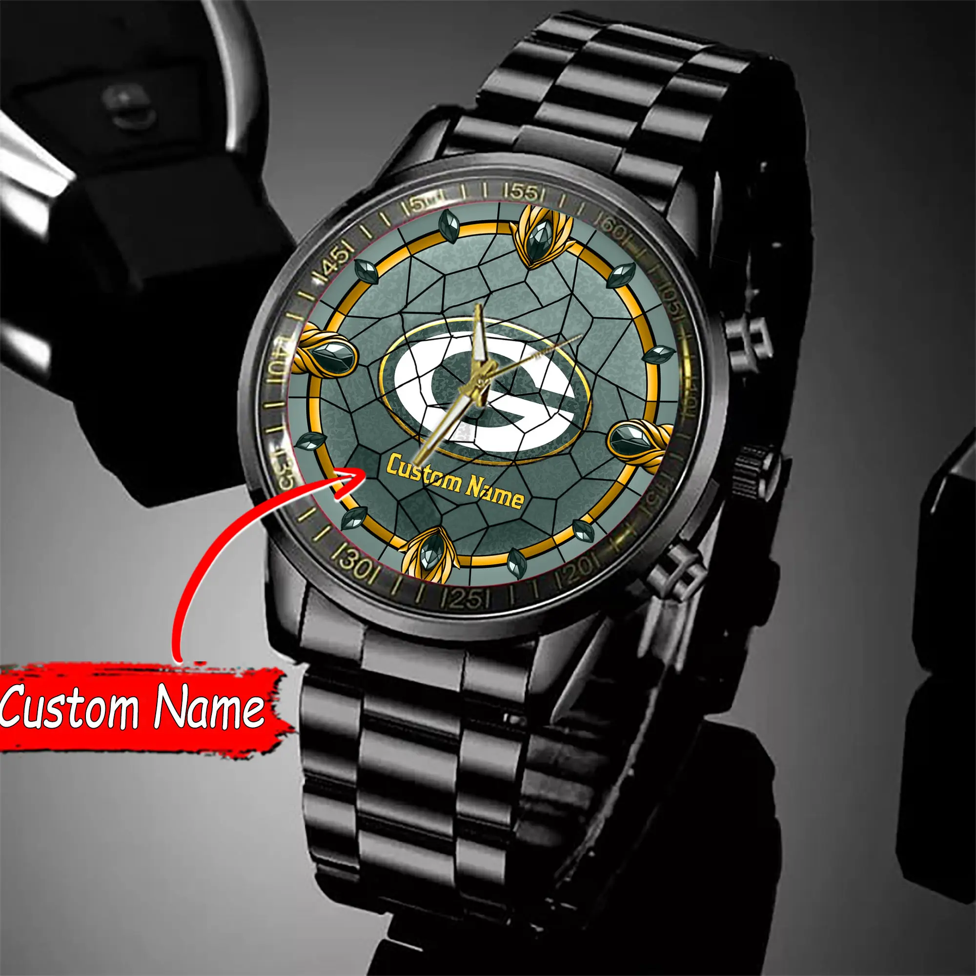 jwfancy green bay packers nfl personalized black stainless steel watch gift for fan kk9id