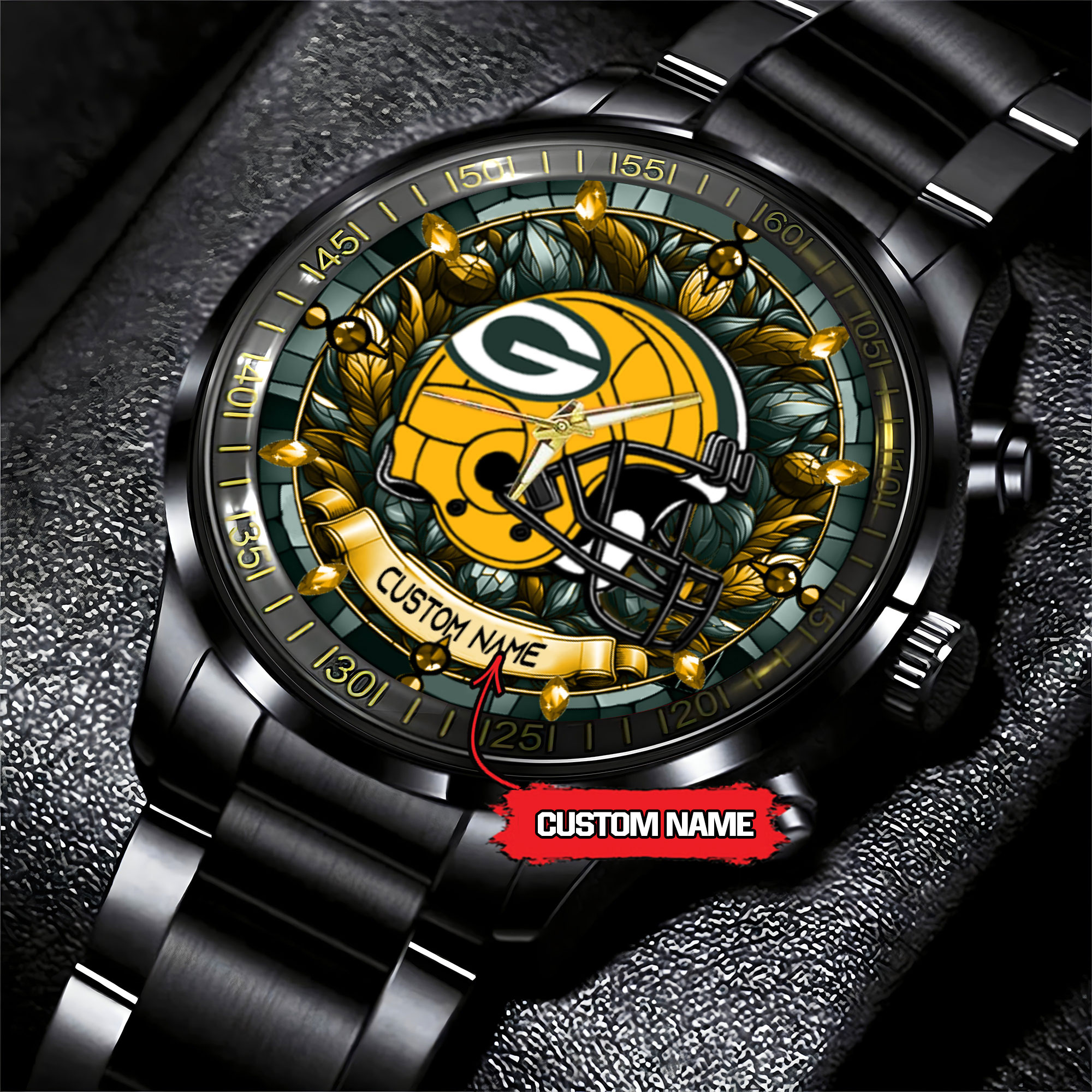jwfancy green bay packers nfl personalized stained glass black stainless steel watch uczej