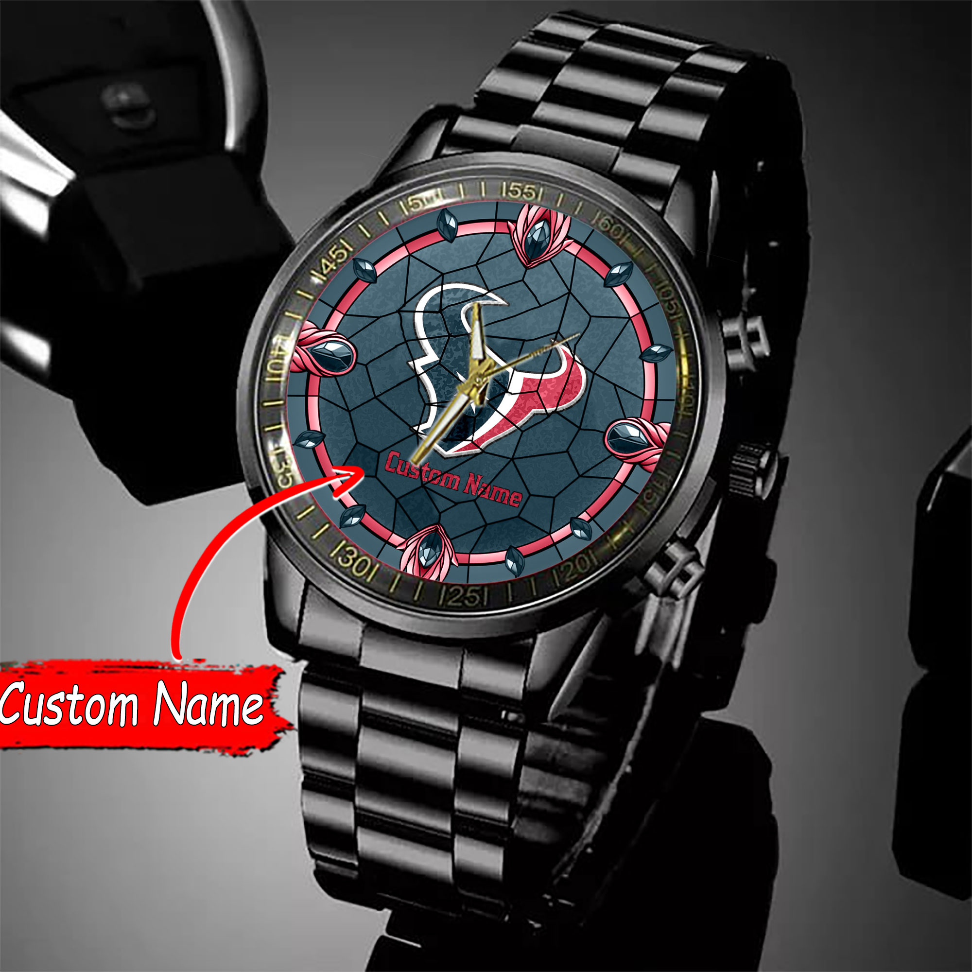 jwfancy houston texans nfl personalized black stainless steel watch gift for fan yvaw0