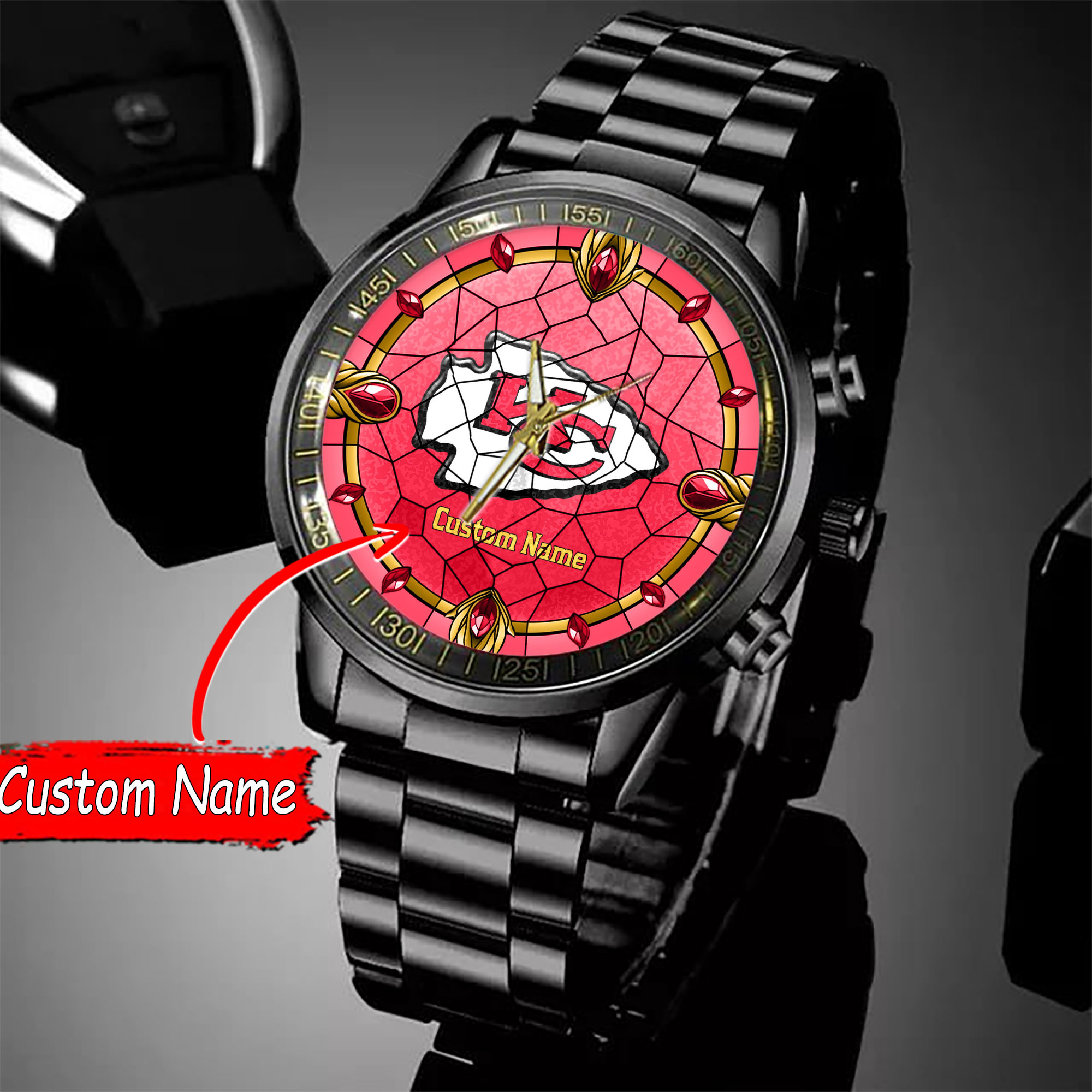 jwfancy kansas city chiefs nfl personalized black stainless steel watch gift for fan 9qp7g