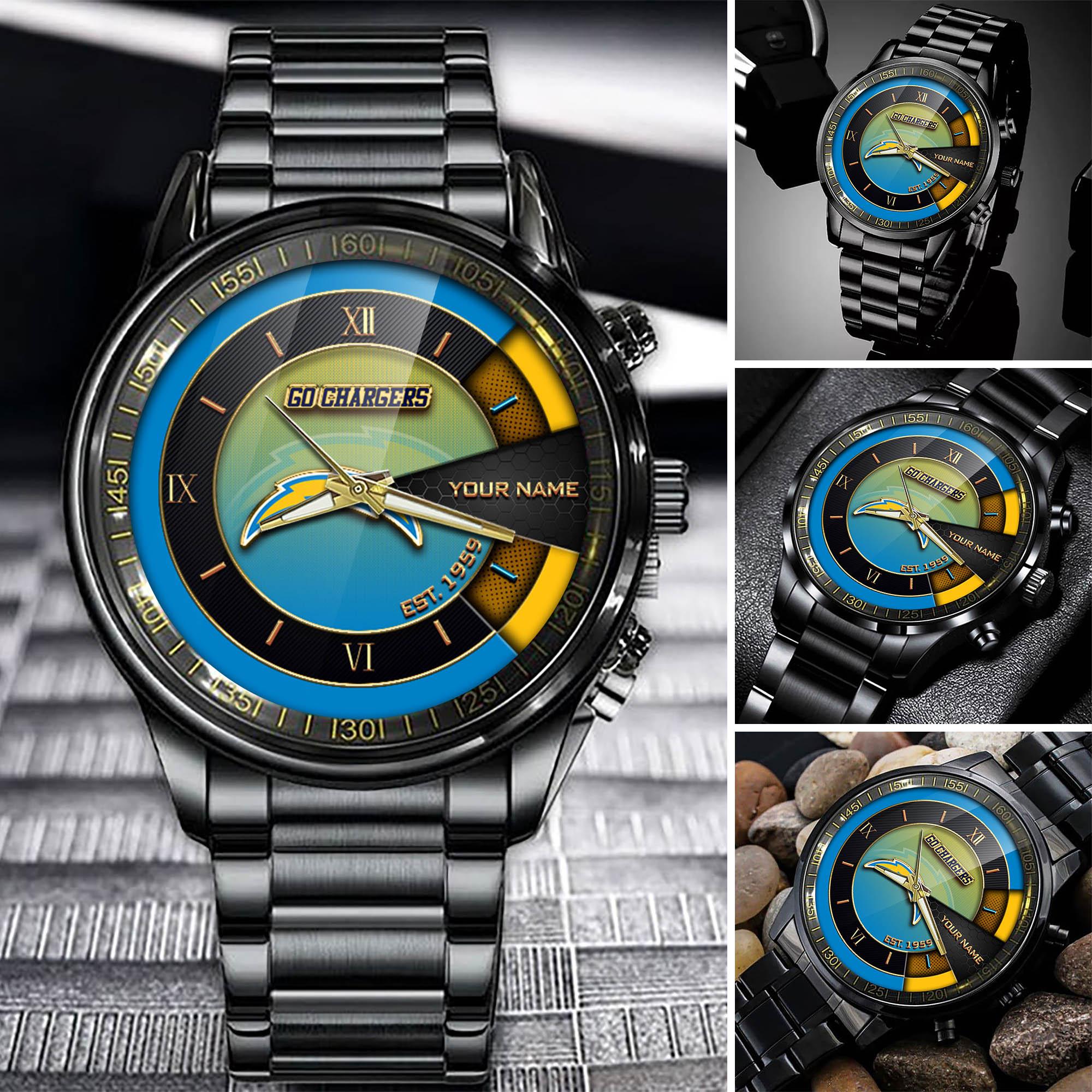 jwfancy los angeles chargers nfl black fashion watch customize your name fan gifts yn55y