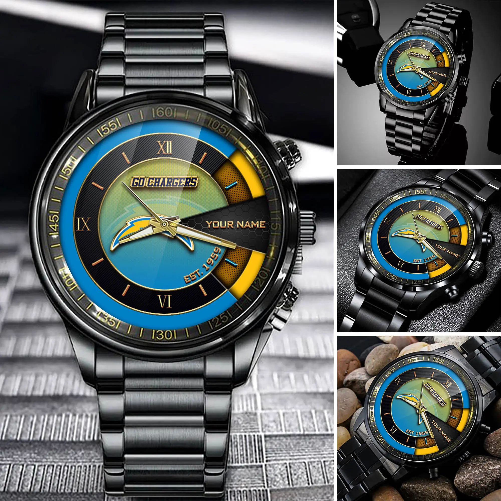 jwfancy los angeles chargers nfl black fashion watch customize your name fan gifts yn55y