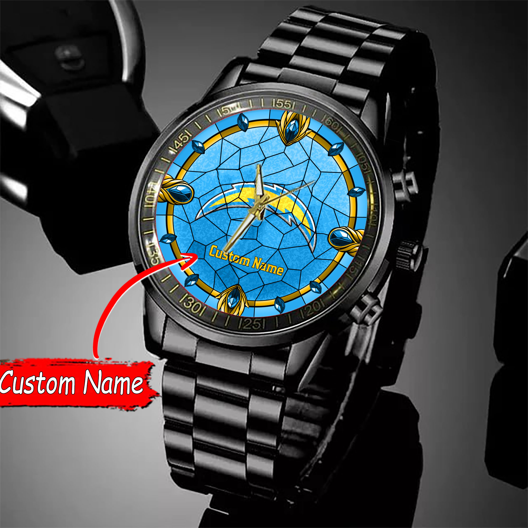 jwfancy los angeles chargers nfl personalized black stainless steel watch gift for fan xlq0z