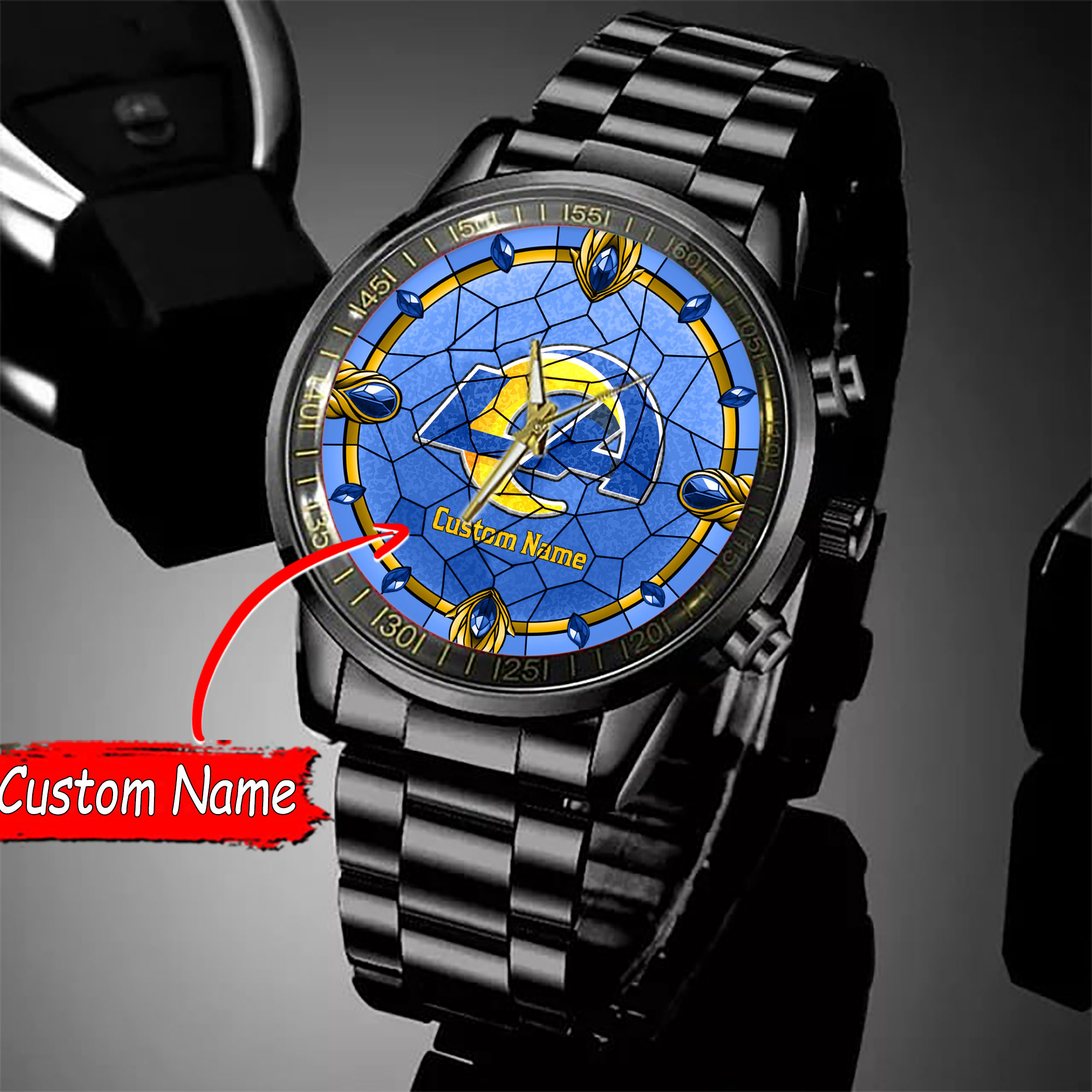 jwfancy los angeles rams nfl personalized black stainless steel watch gift for fan nh3o2