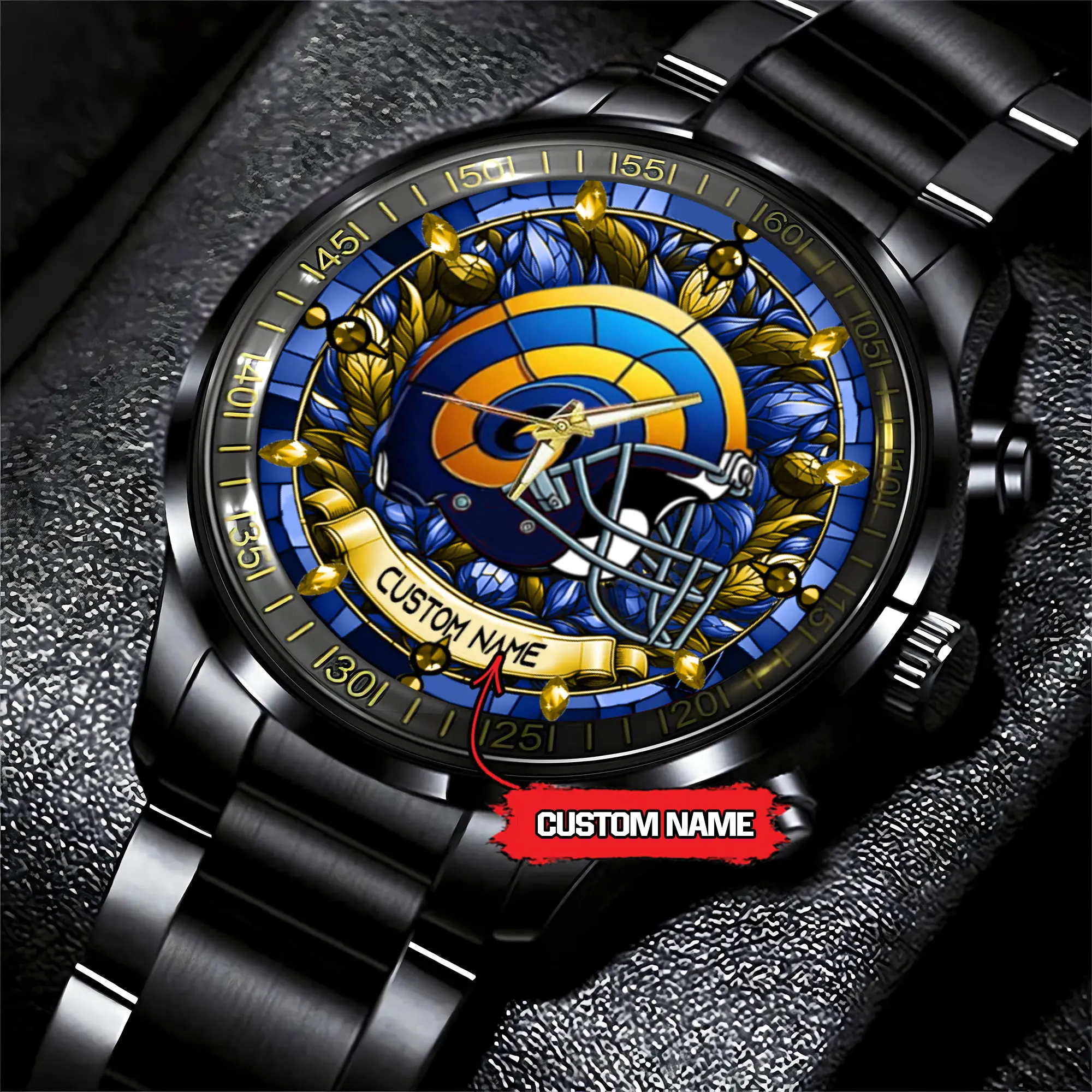 jwfancy los angeles rams nfl personalized stained glass black stainless steel watch yp9no