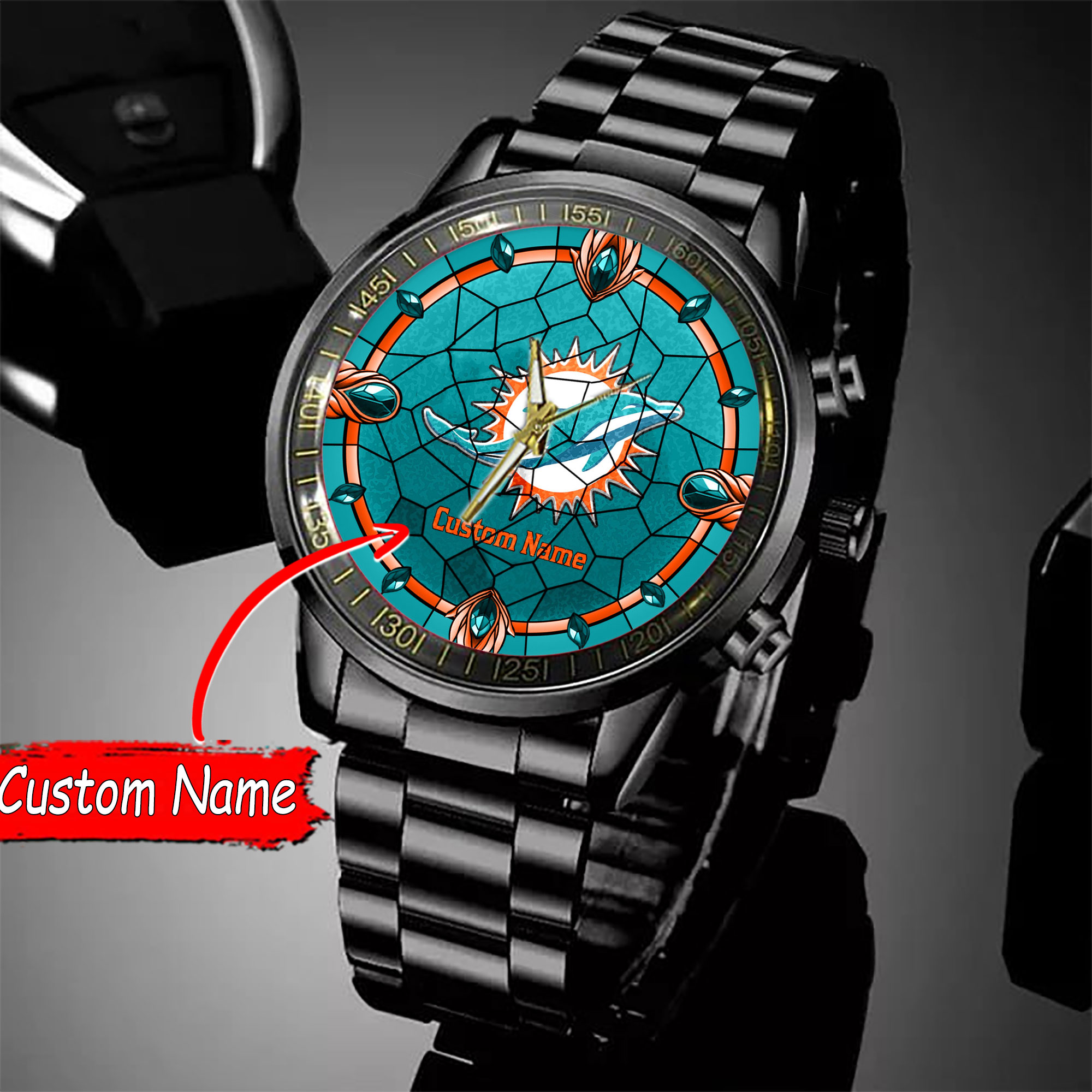 jwfancy miami dolphins nfl personalized black stainless steel watch gift for fan 7stry