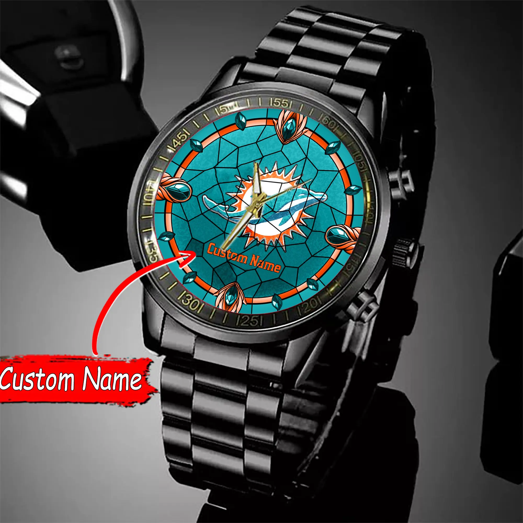 jwfancy miami dolphins nfl personalized black stainless steel watch gift for fan 7stry