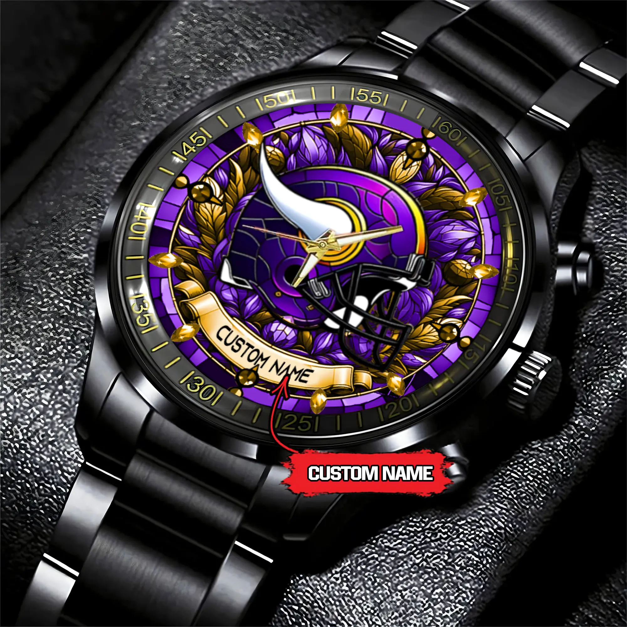 jwfancy minnesota vikings nfl personalized stained glass black stainless steel watch p2q6x