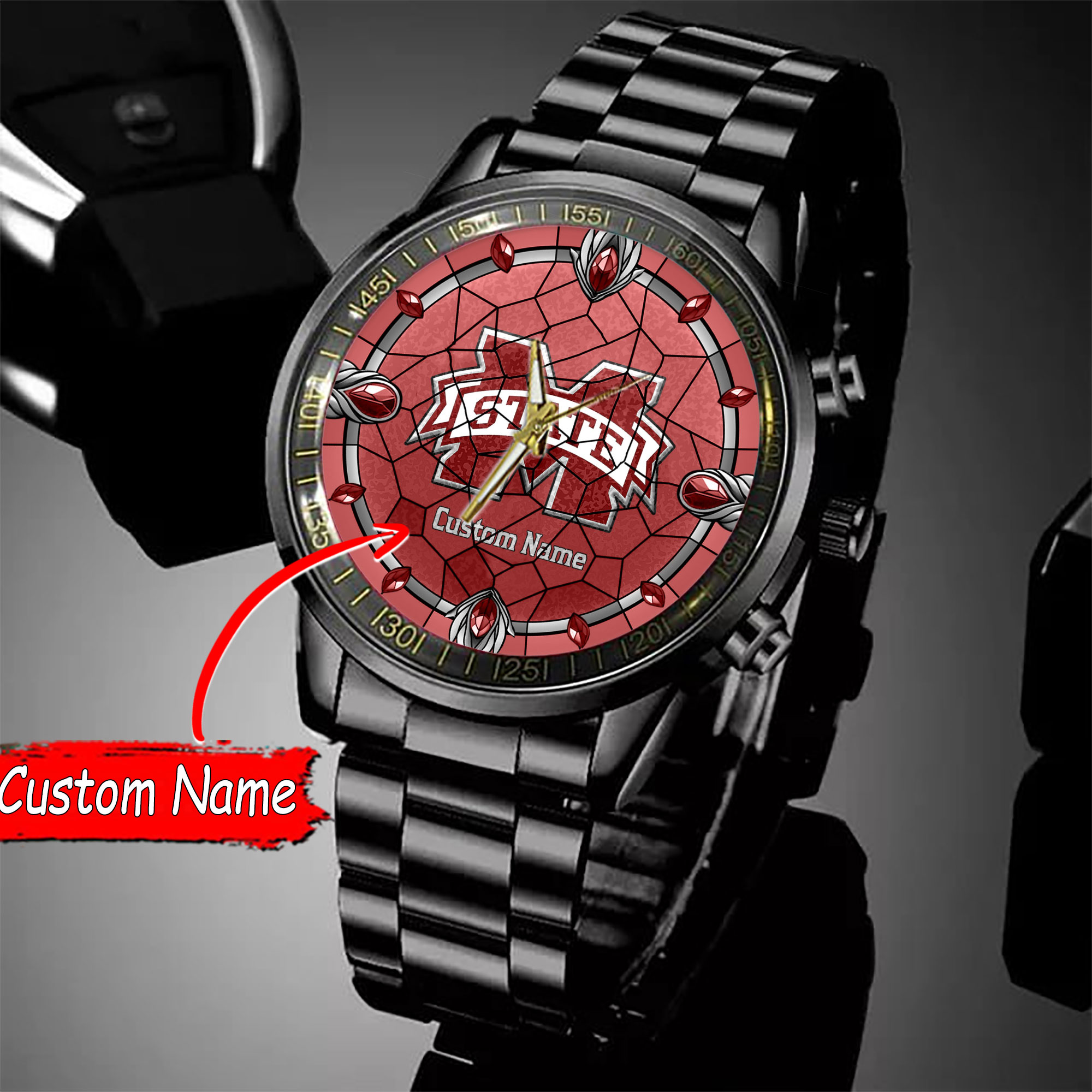jwfancy mississippi state bulldogs ncaa personalized black stainless steel watch gift for fan hcst4