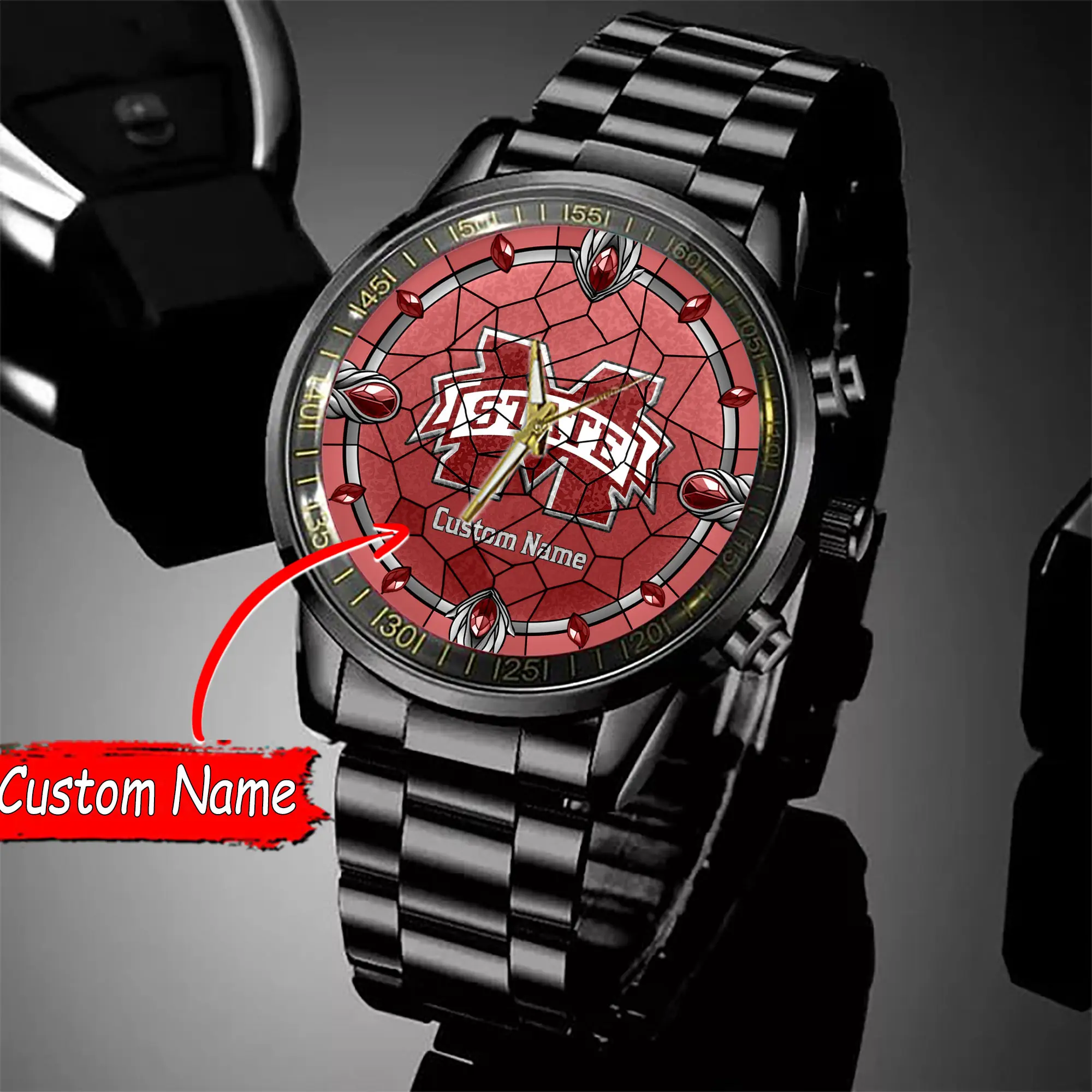 jwfancy mississippi state bulldogs ncaa personalized black stainless steel watch gift for fan hcst4