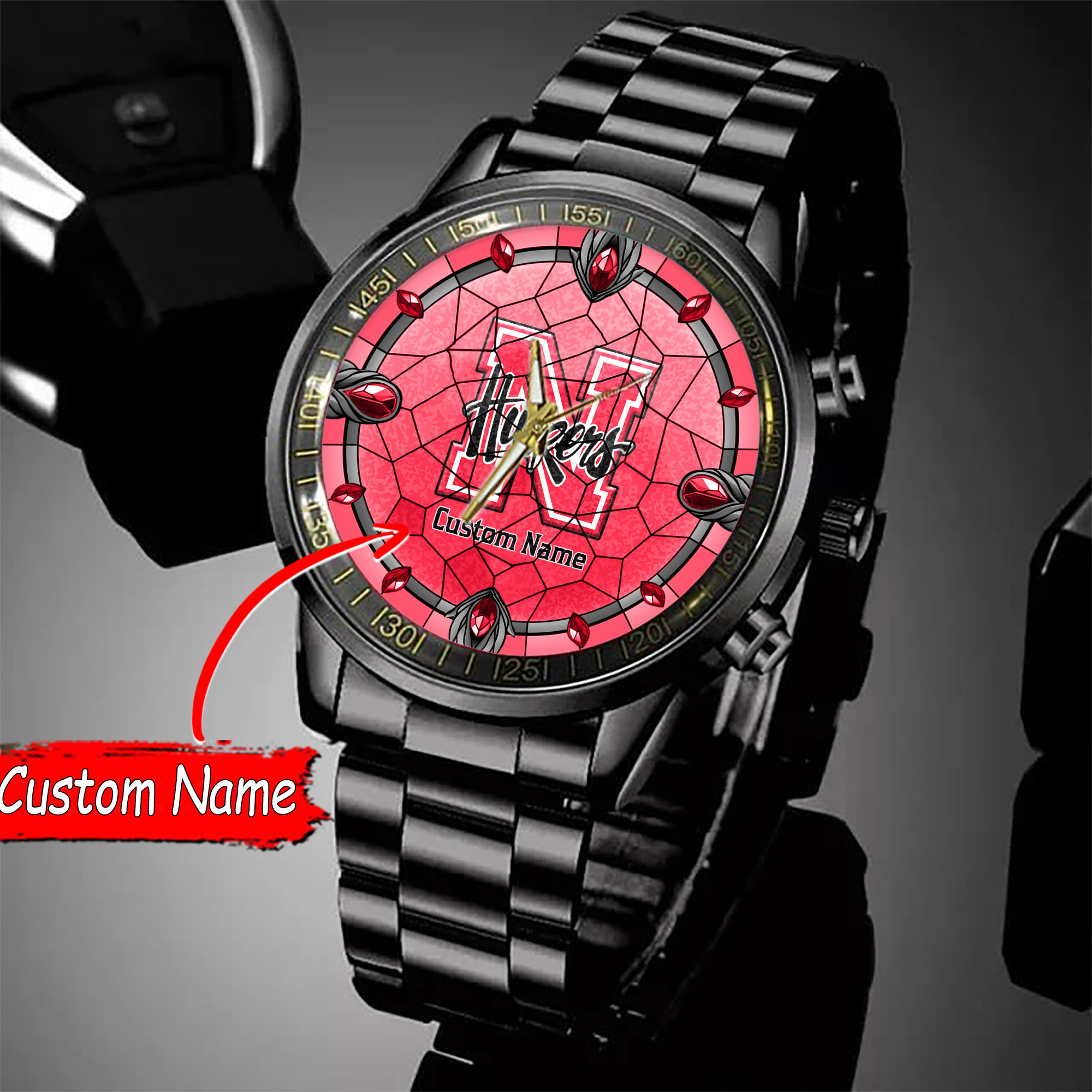 jwfancy nebraska cornhuskers ncaa personalized black stainless steel watch gift for fan 9mhxz