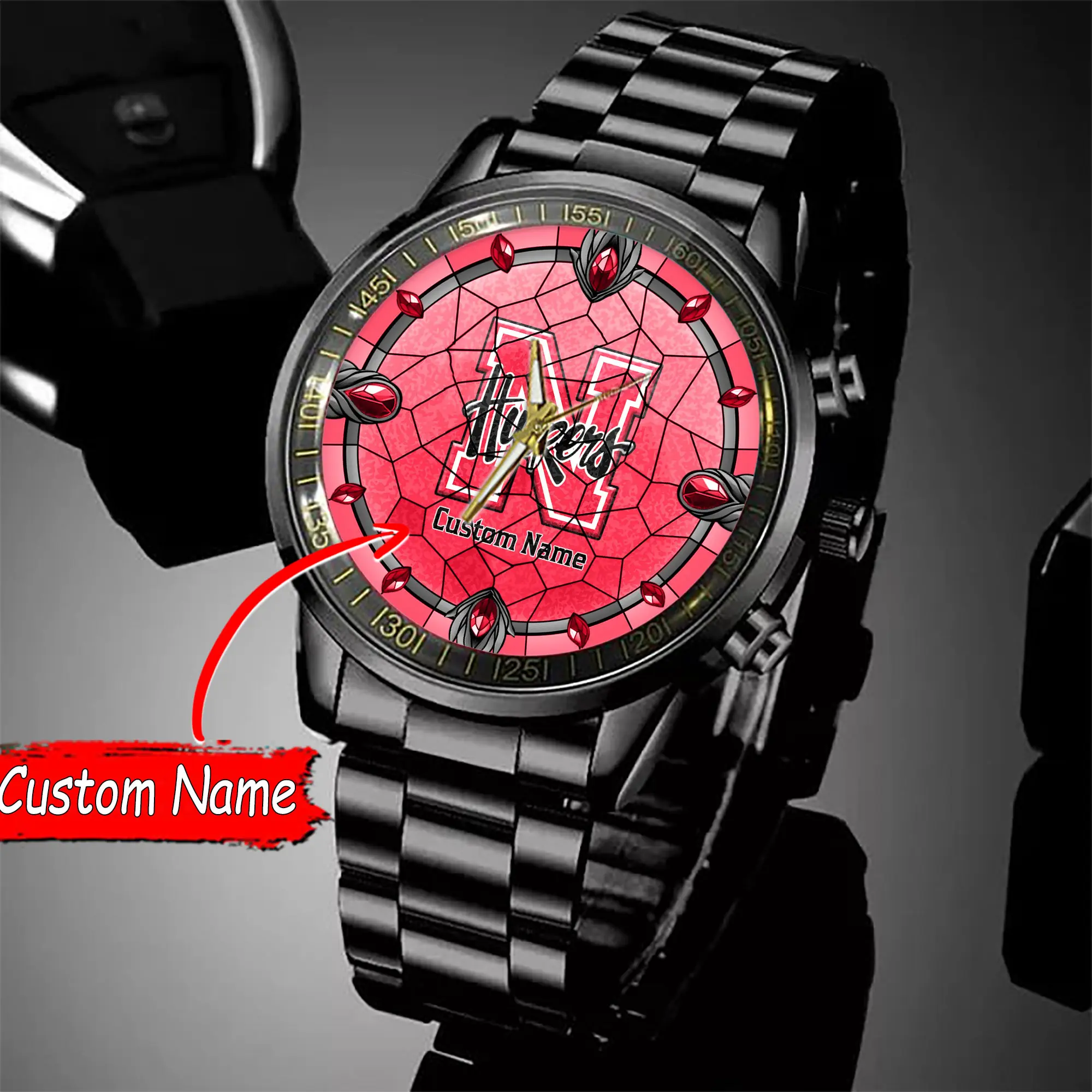 jwfancy nebraska cornhuskers ncaa personalized black stainless steel watch gift for fan 9mhxz