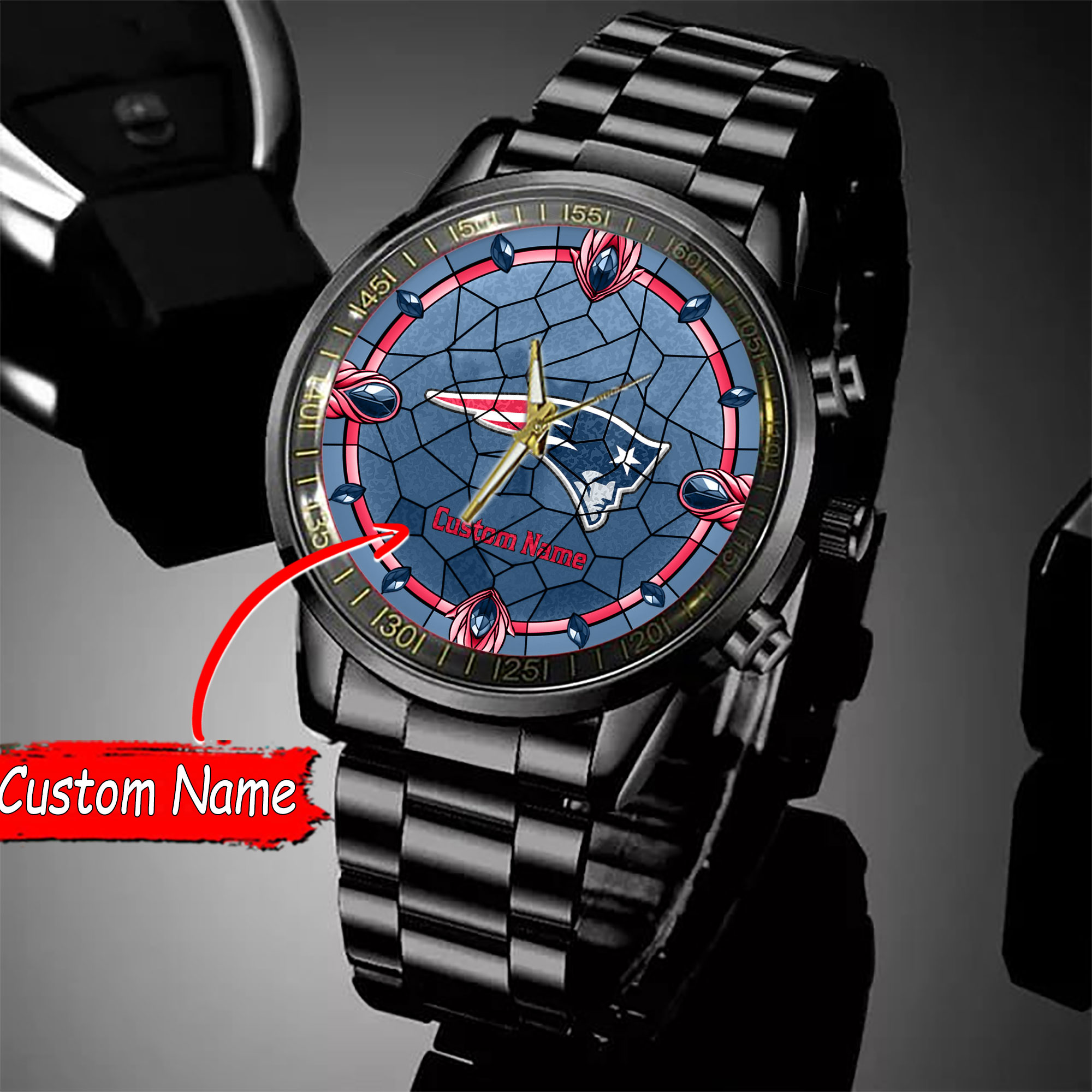 jwfancy new england patriots nfl personalized black stainless steel watch gift for fan yt21y