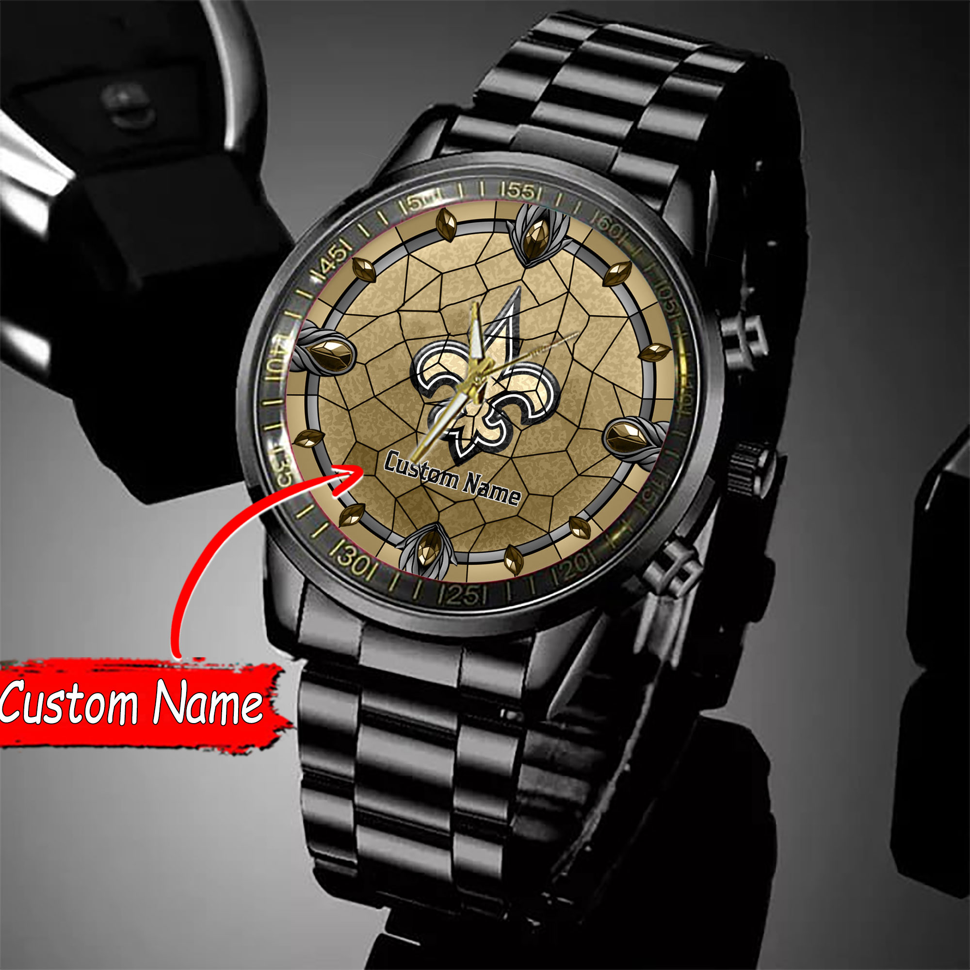 jwfancy new orleans saints nfl personalized black stainless steel watch gift for fan lnhoj