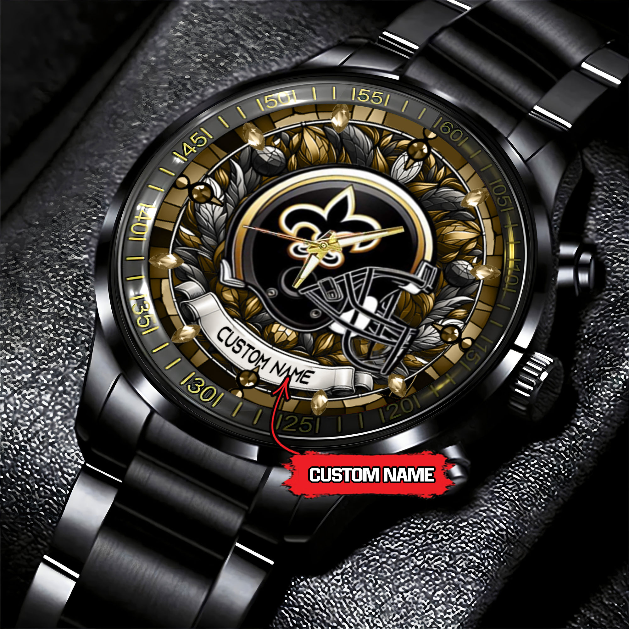 jwfancy new orleans saints nfl personalized stained glass black stainless steel watch iupug