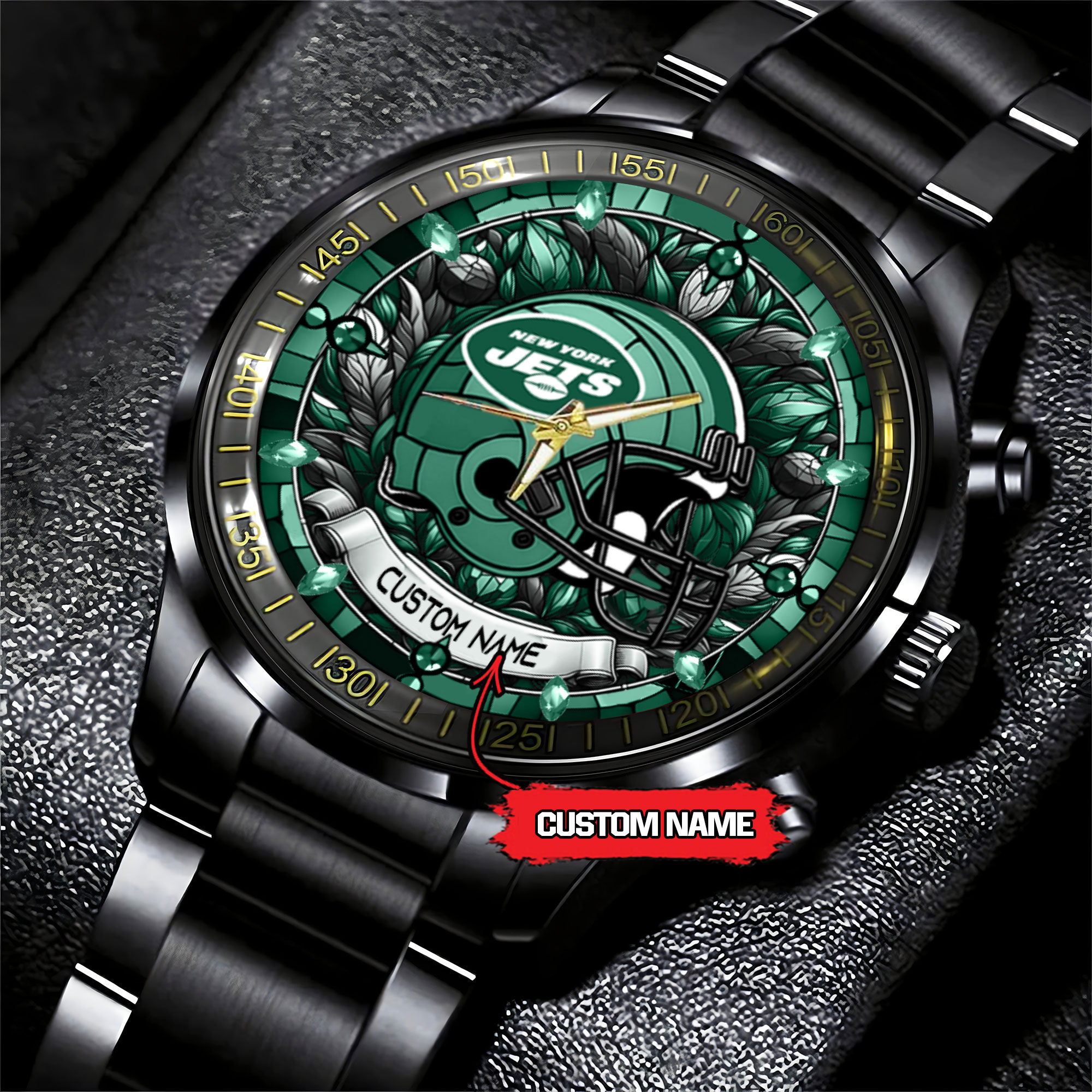 jwfancy new york jets nfl personalized stained glass black stainless steel watch 9rvmz