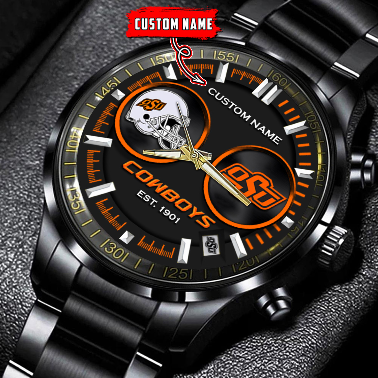 jwfancy oklahoma state cowboys ncaa personalized black stainless steel watch gift for fans v3lxz