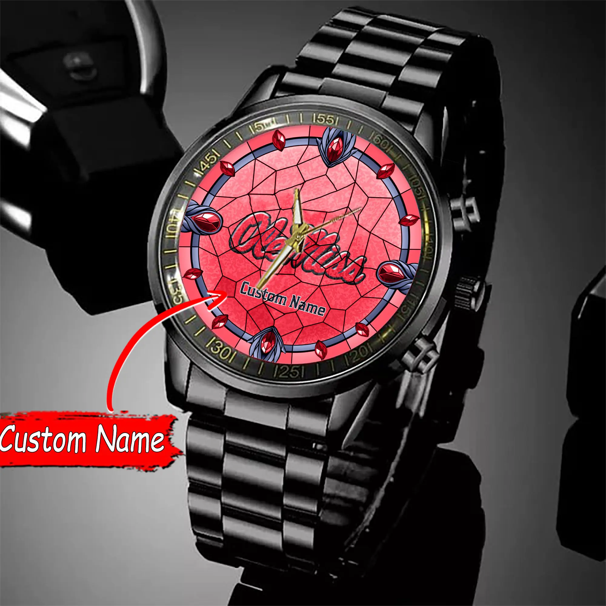 jwfancy ole miss rebels ncaa personalized black stainless steel watch gift for fan 0e45g