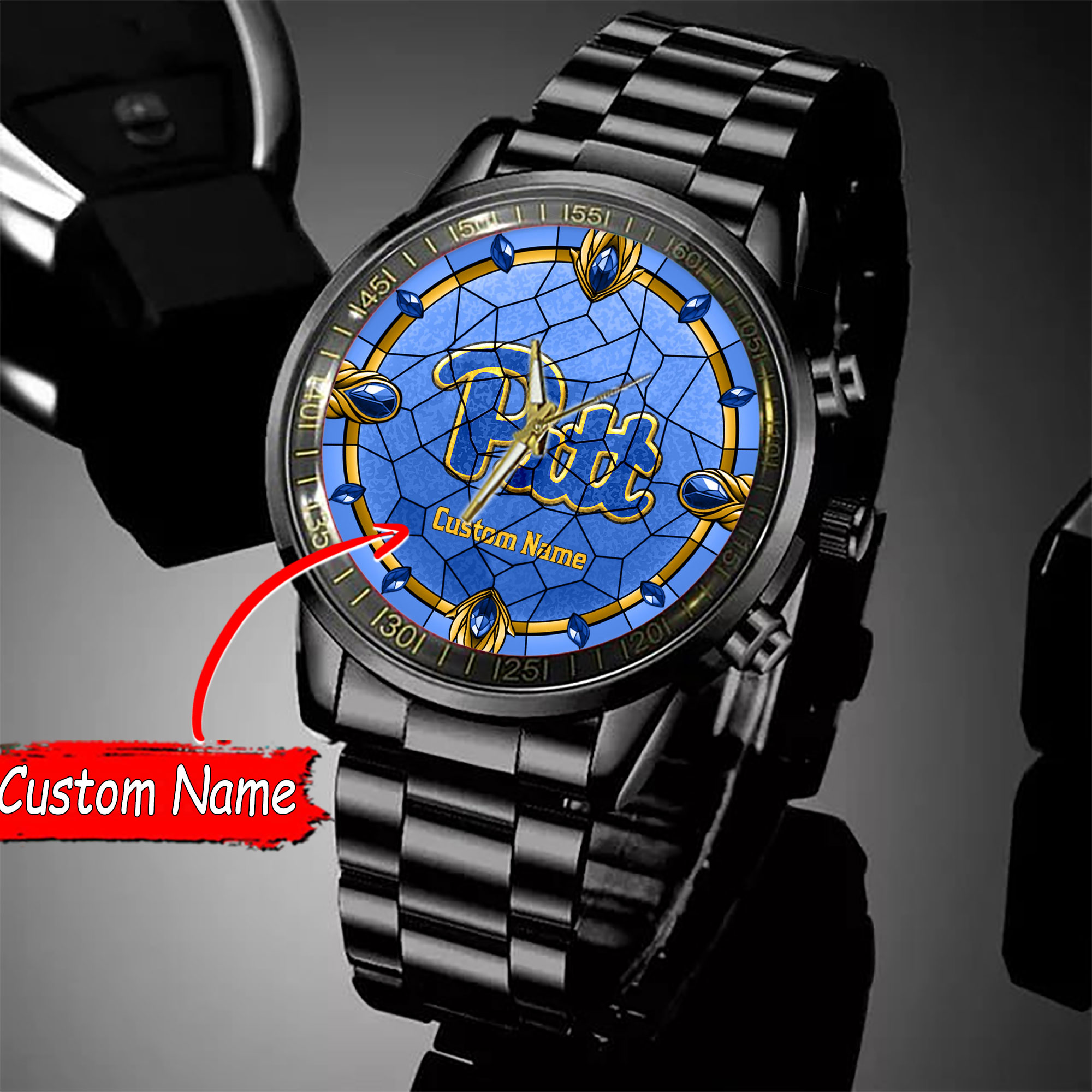 jwfancy pittsburgh panthers ncaa personalized black stainless steel watch gift for fan fwtwp