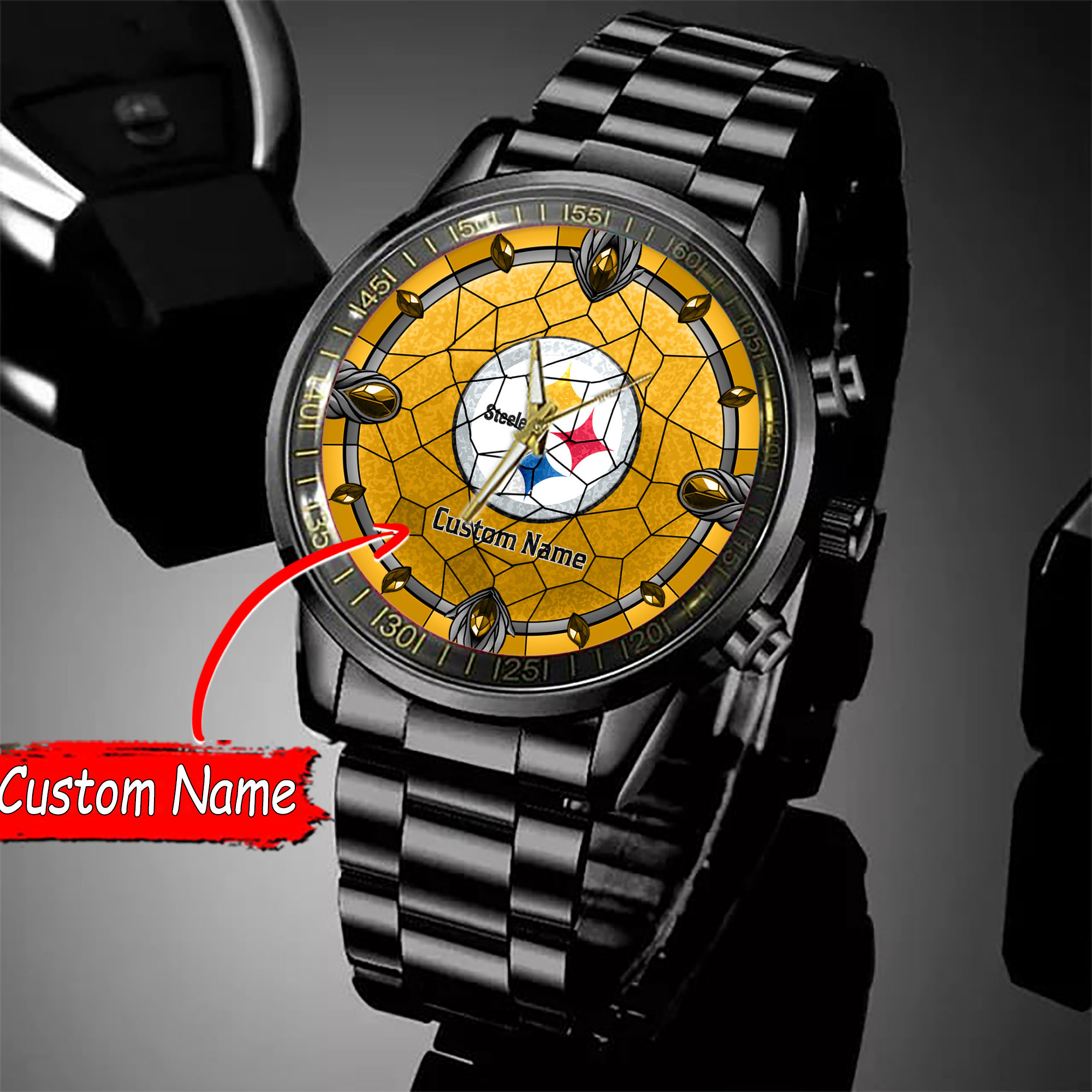 jwfancy pittsburgh steelers nfl personalized black stainless steel watch gift for fan smy8g