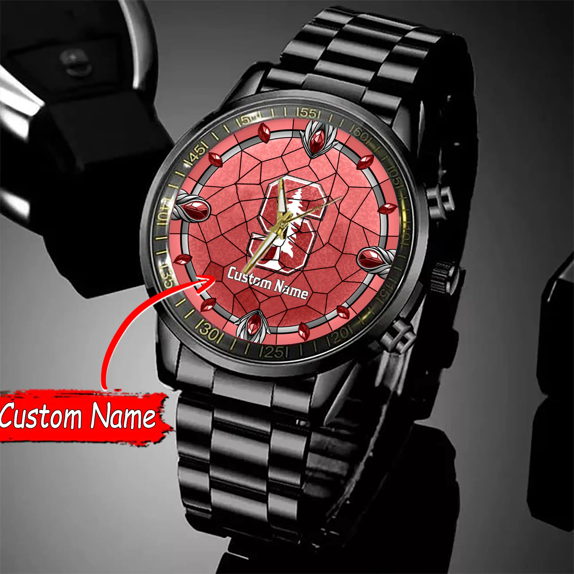 jwfancy stanford cardinal ncaa personalized black stainless steel watch gift for fan nzzgs