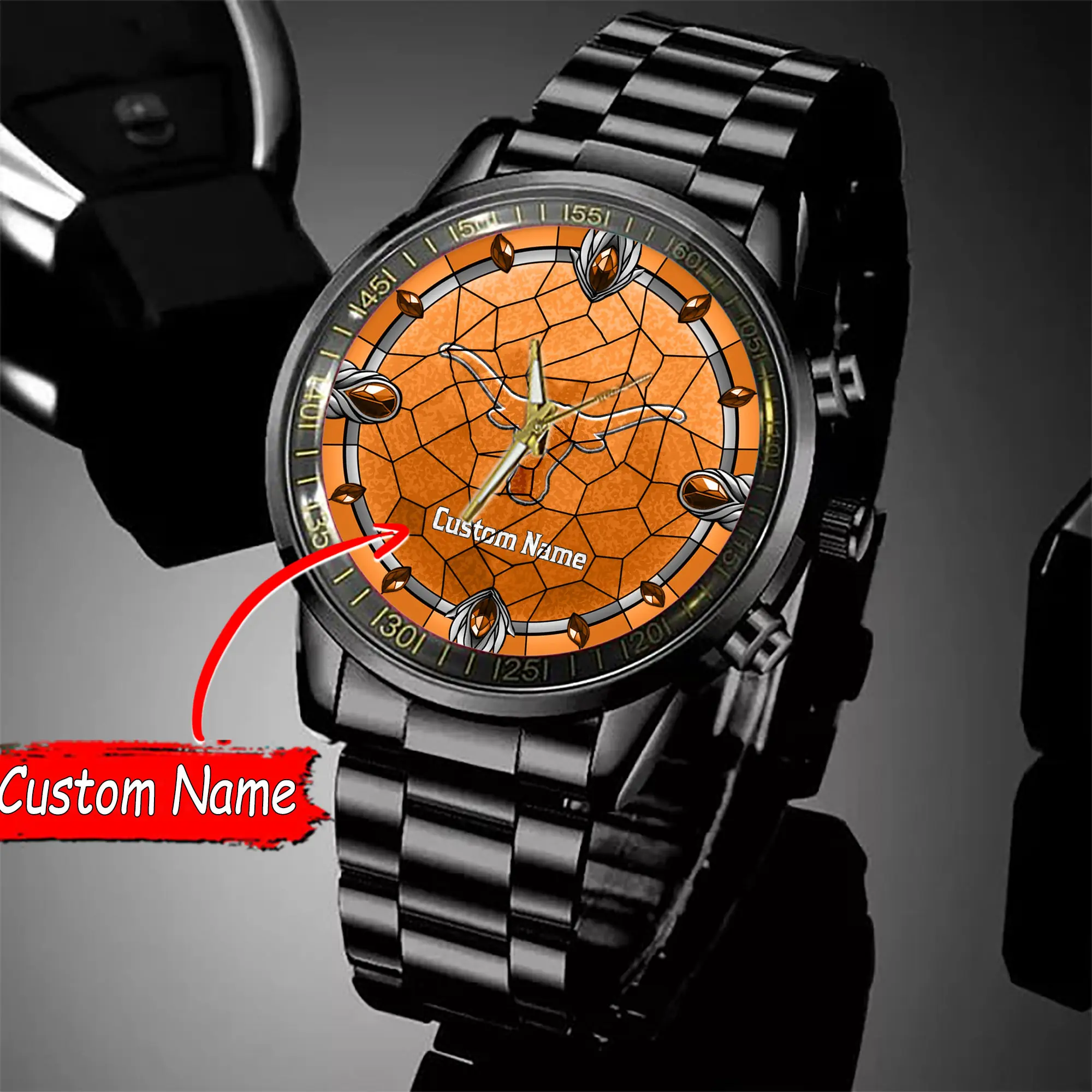 jwfancy texas longhorns ncaa personalized black stainless steel watch gift for fan qiyau