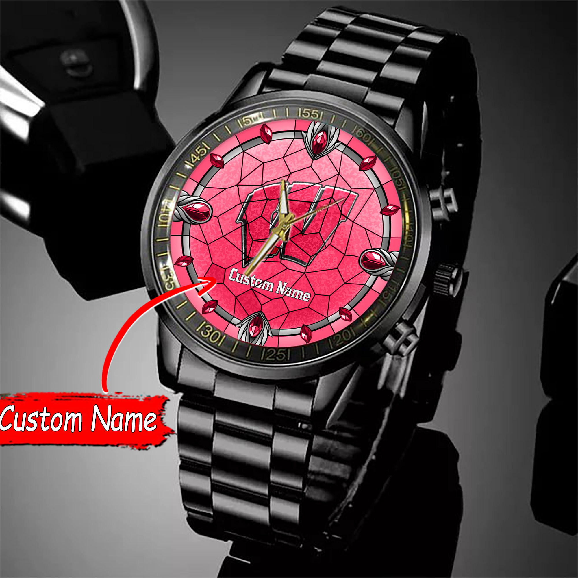 jwfancy wisconsin badgers ncaa personalized black stainless steel watch gift for fan 1lqma