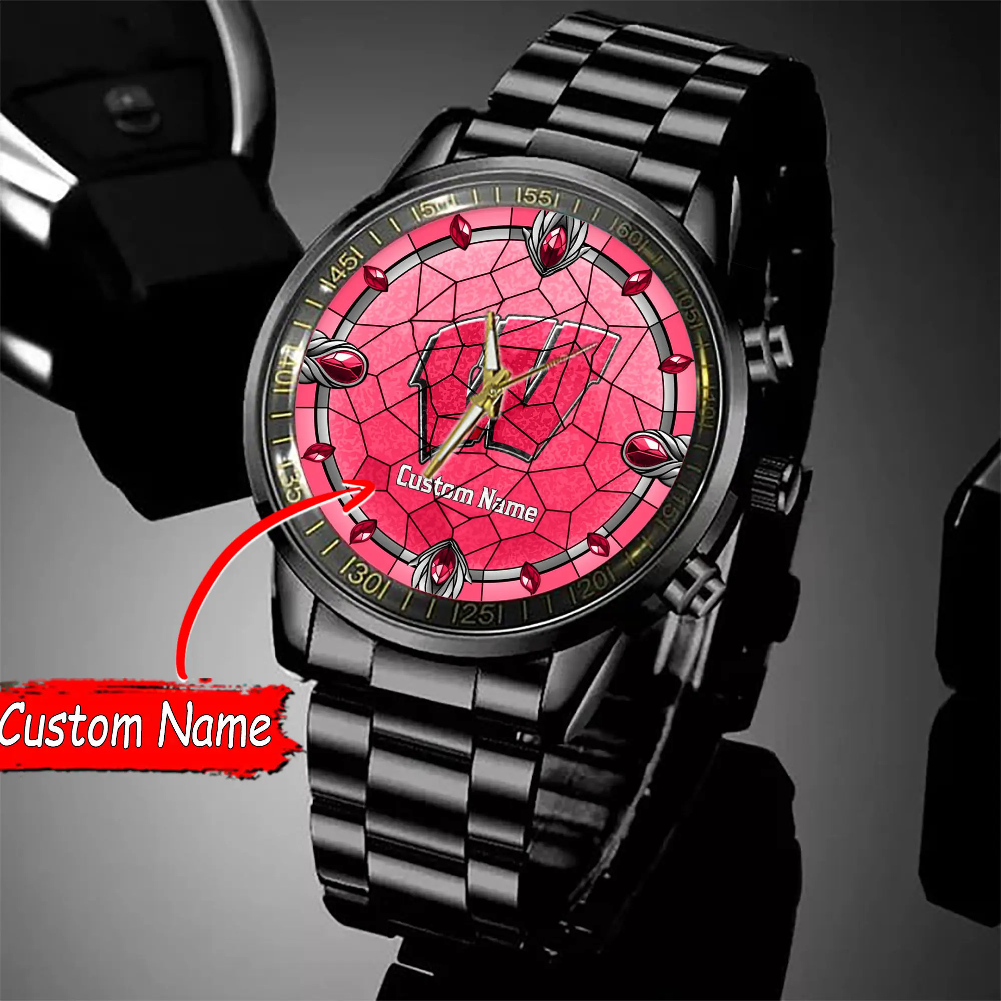 jwfancy wisconsin badgers ncaa personalized black stainless steel watch gift for fan 1lqma