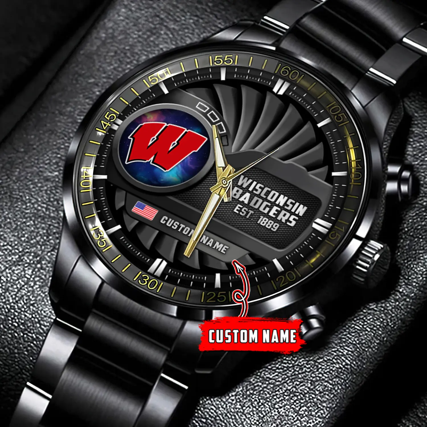 jwfancy wisconsin badgers ncaa personalized black stainless steel watch gift for fans lbxcl