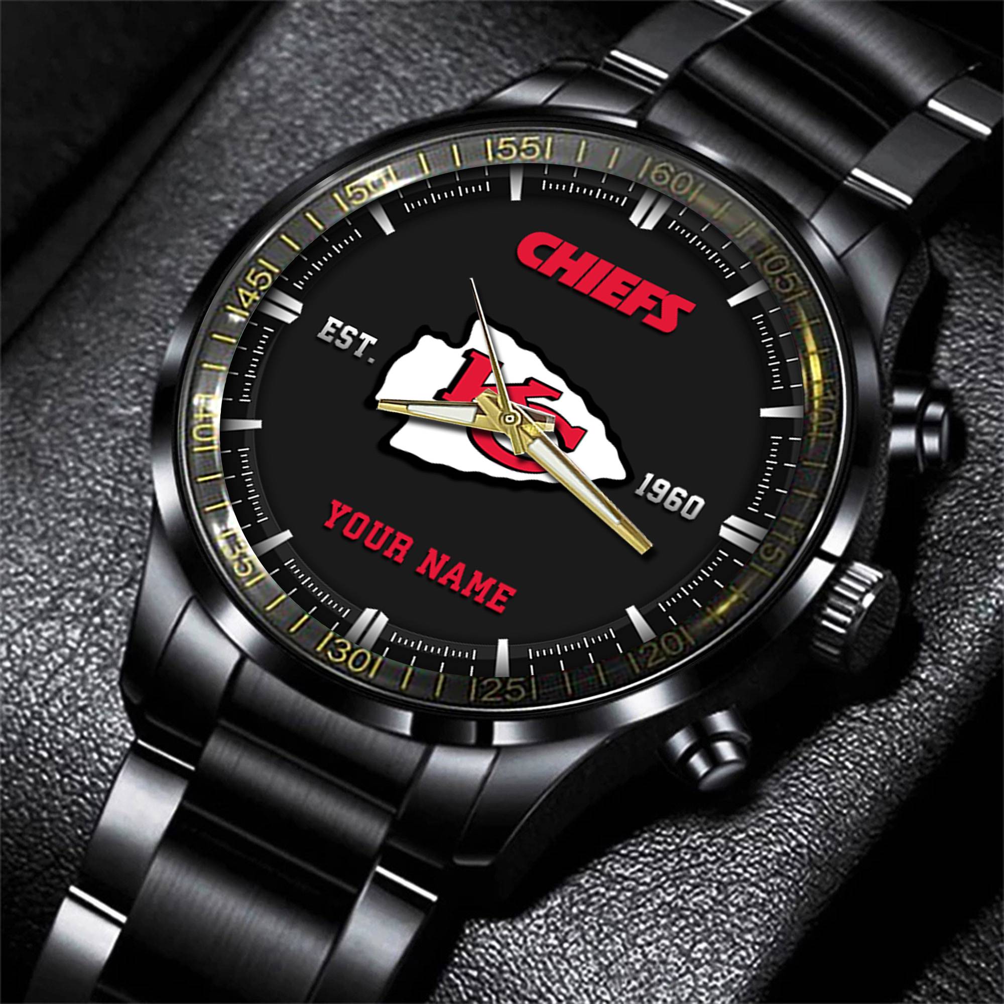 kansas city chiefs nfl personalized black fashion watch gifts for fans vkgy2