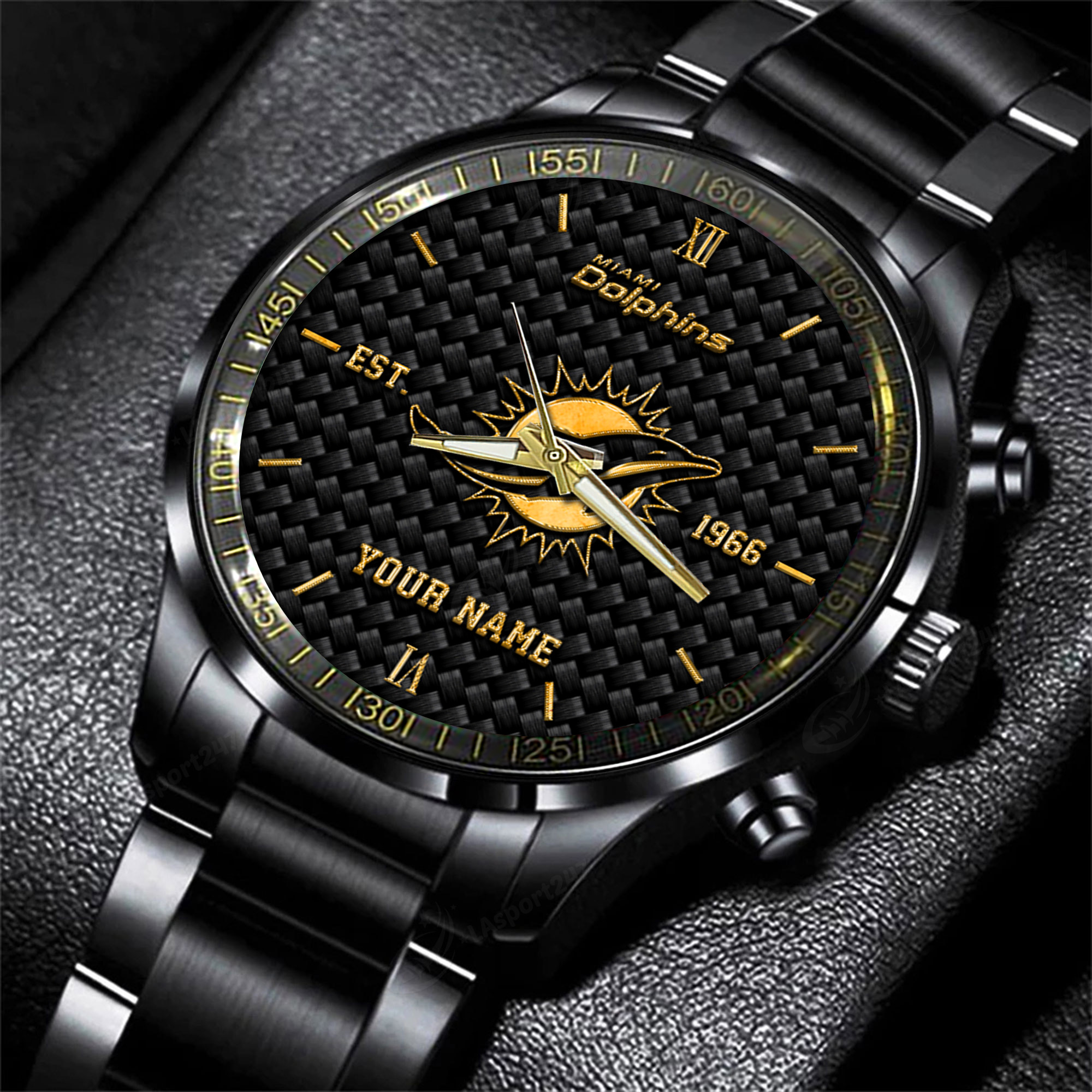 miami dolphins nfl black fashion hand watch custom your name gift for fan thmcd