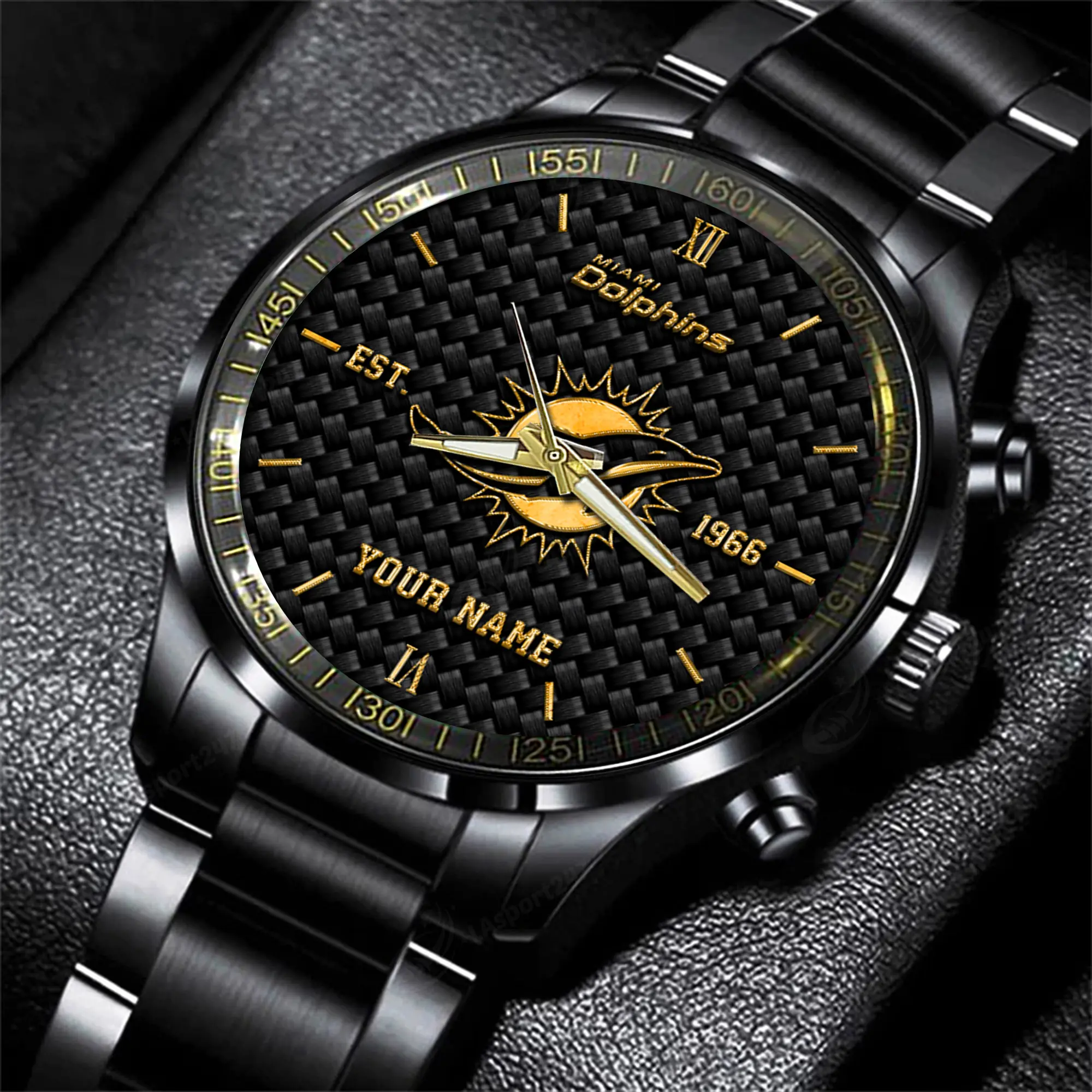 miami dolphins nfl black fashion hand watch custom your name gift for fan thmcd